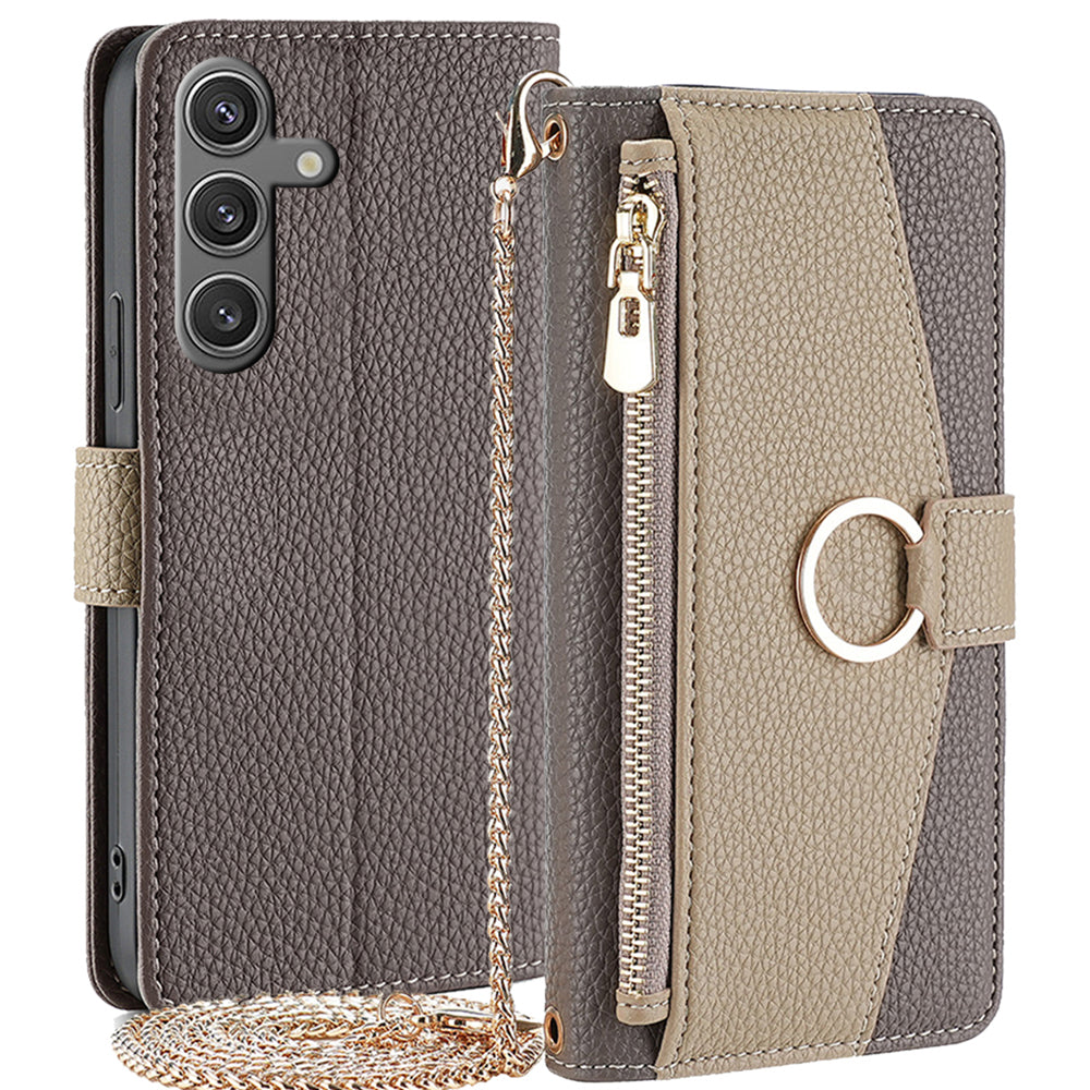 For Samsung Galaxy S24 Makeup Mirror Zipper Pocket Phone Cover Anti-scratch Case with Shoulder Strap