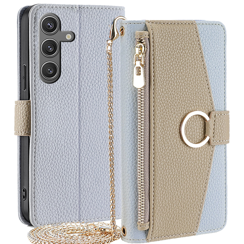 For Samsung Galaxy S24 Makeup Mirror Zipper Pocket Phone Cover Anti-scratch Case with Shoulder Strap