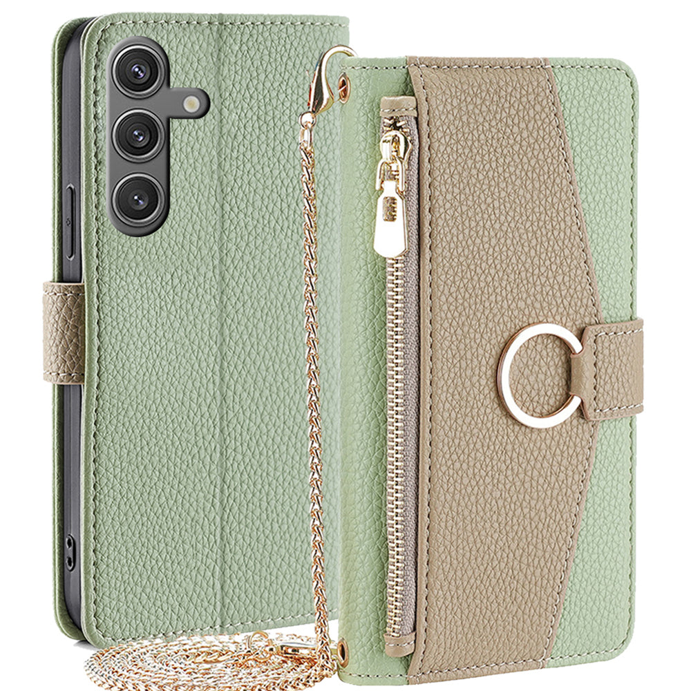 For Samsung Galaxy S24 Makeup Mirror Zipper Pocket Phone Cover Anti-scratch Case with Shoulder Strap