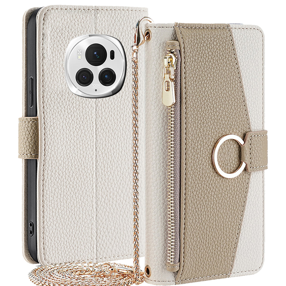 For Honor Magic6 Pro 5G Wallet Case Makeup Mirror PU Leather Phone Cover with Crossbody Strap