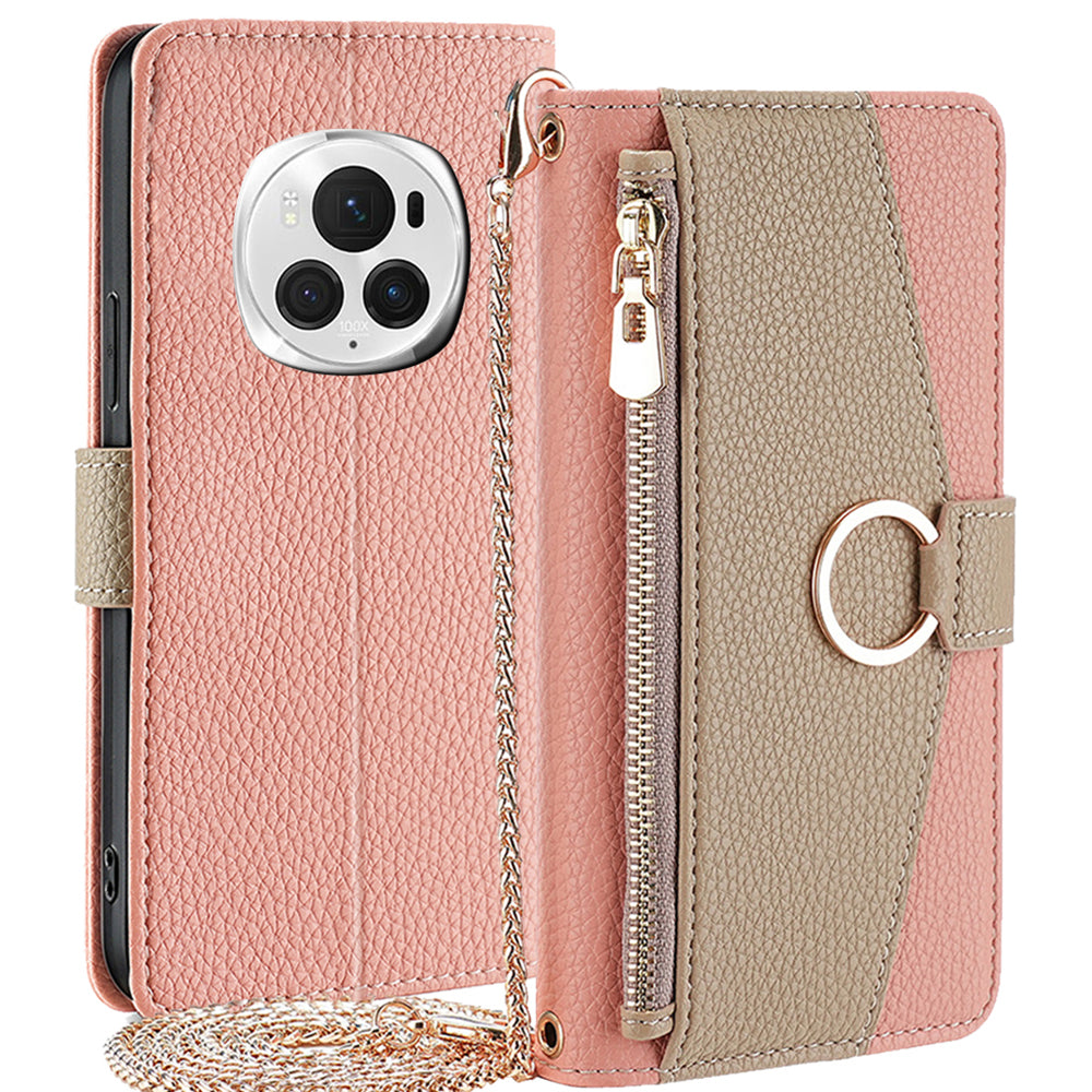 For Honor Magic6 Pro 5G Wallet Case Makeup Mirror PU Leather Phone Cover with Crossbody Strap