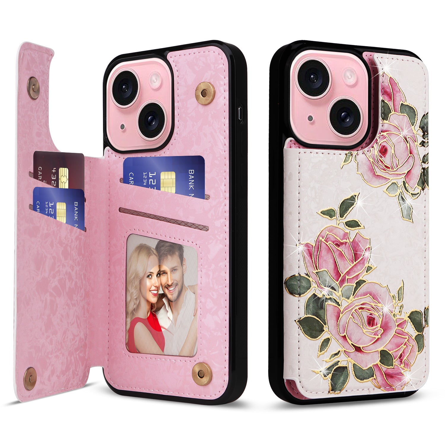 For iPhone 15 Card Slot Case Kickstand Anti-Drop Flower Printed Phone Cover