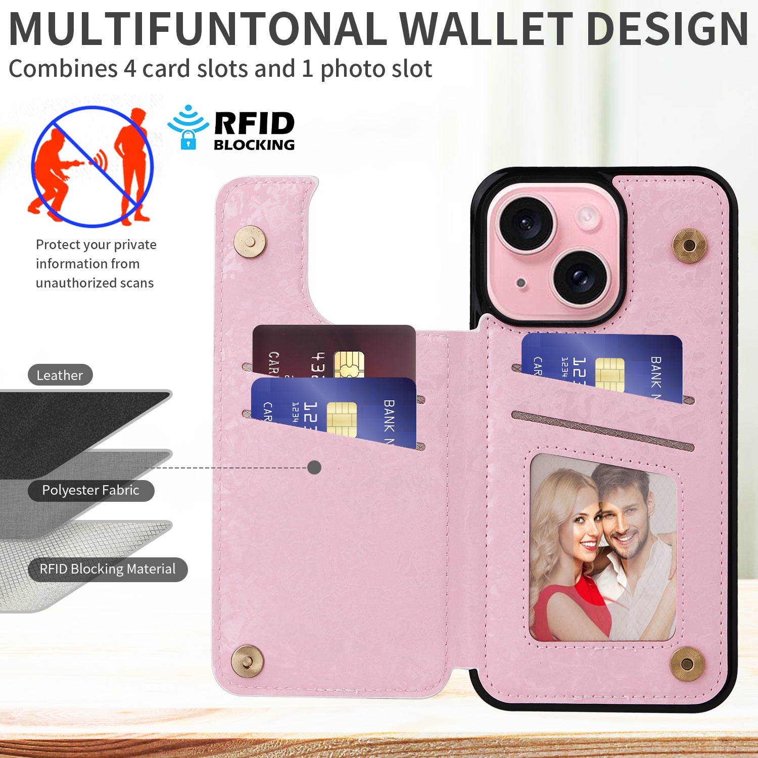 For iPhone 15 Card Slot Case Kickstand Anti-Drop Flower Printed Phone Cover
