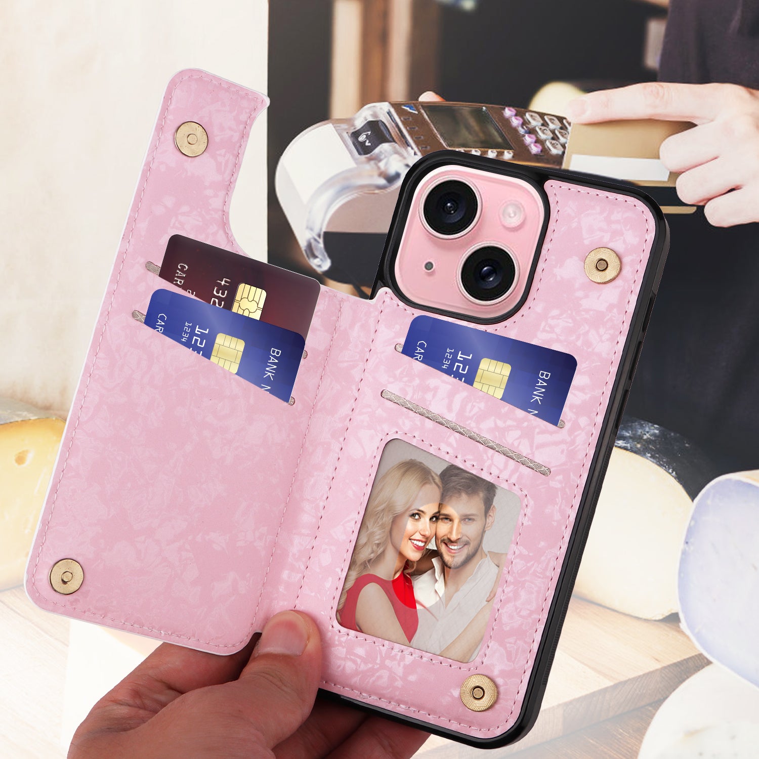 For iPhone 15 Card Slot Case Kickstand Anti-Drop Flower Printed Phone Cover