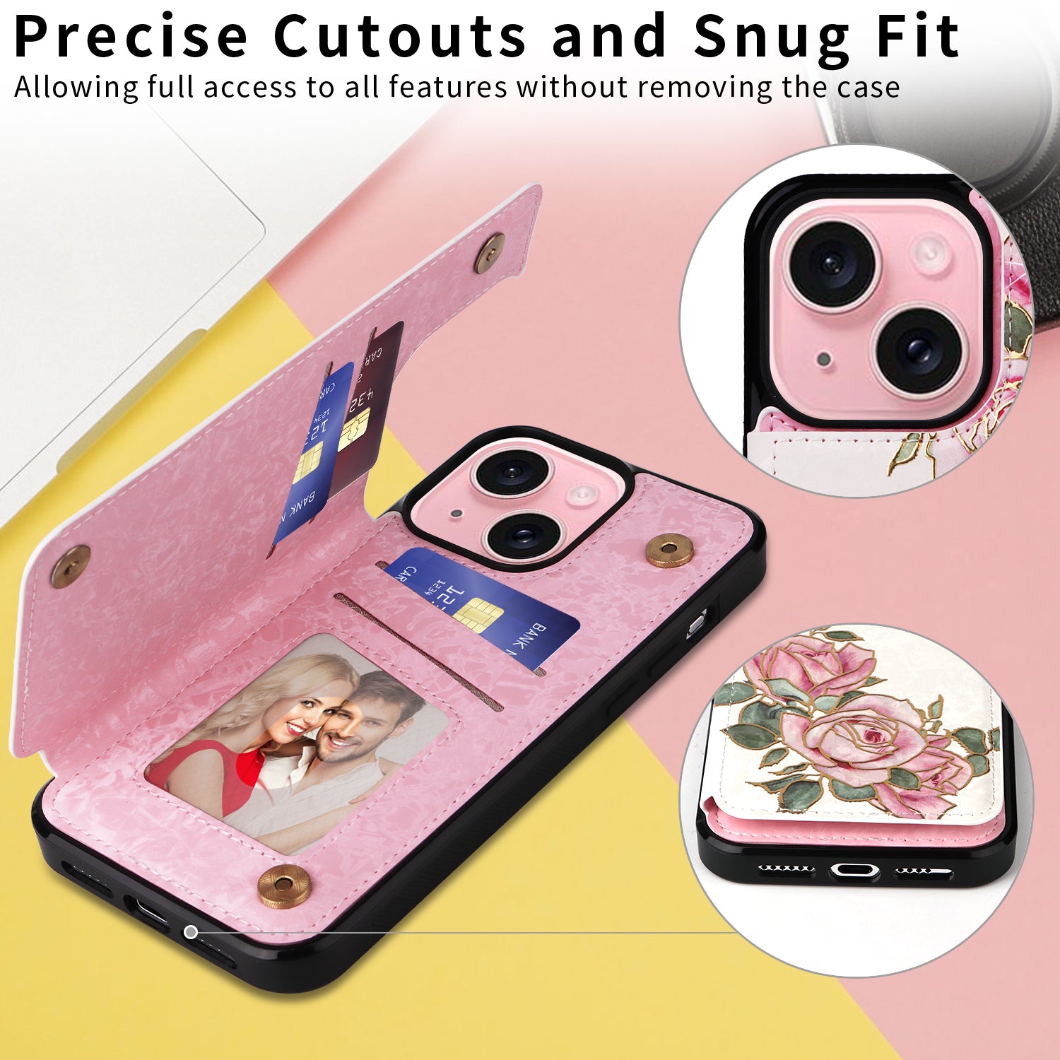 For iPhone 15 Card Slot Case Kickstand Anti-Drop Flower Printed Phone Cover