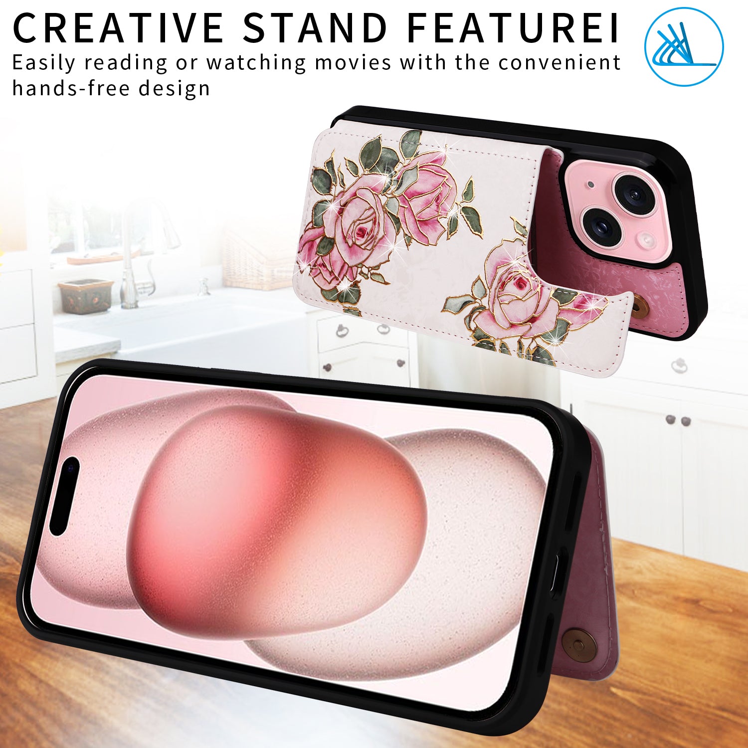 For iPhone 15 Card Slot Case Kickstand Anti-Drop Flower Printed Phone Cover