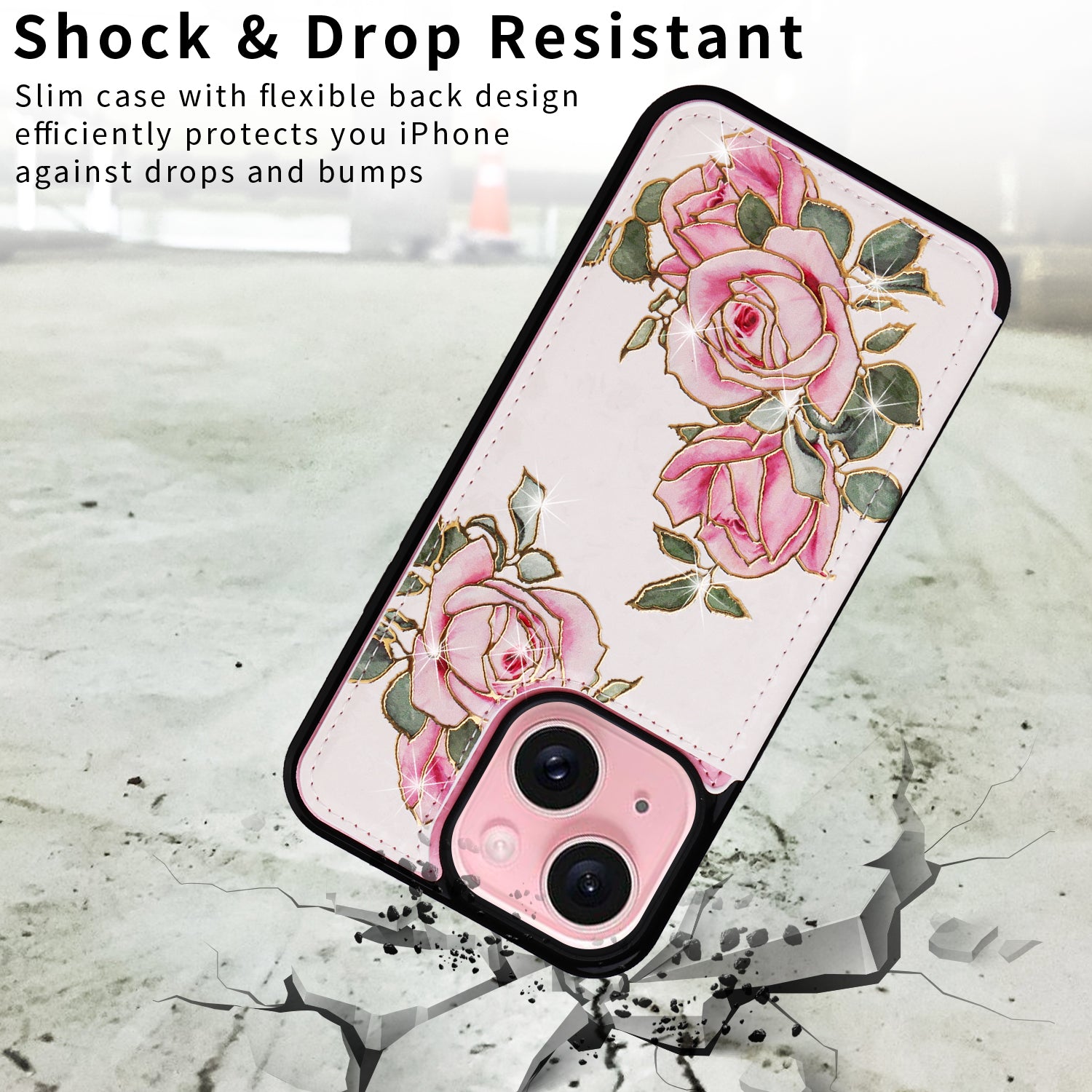 For iPhone 15 Card Slot Case Kickstand Anti-Drop Flower Printed Phone Cover