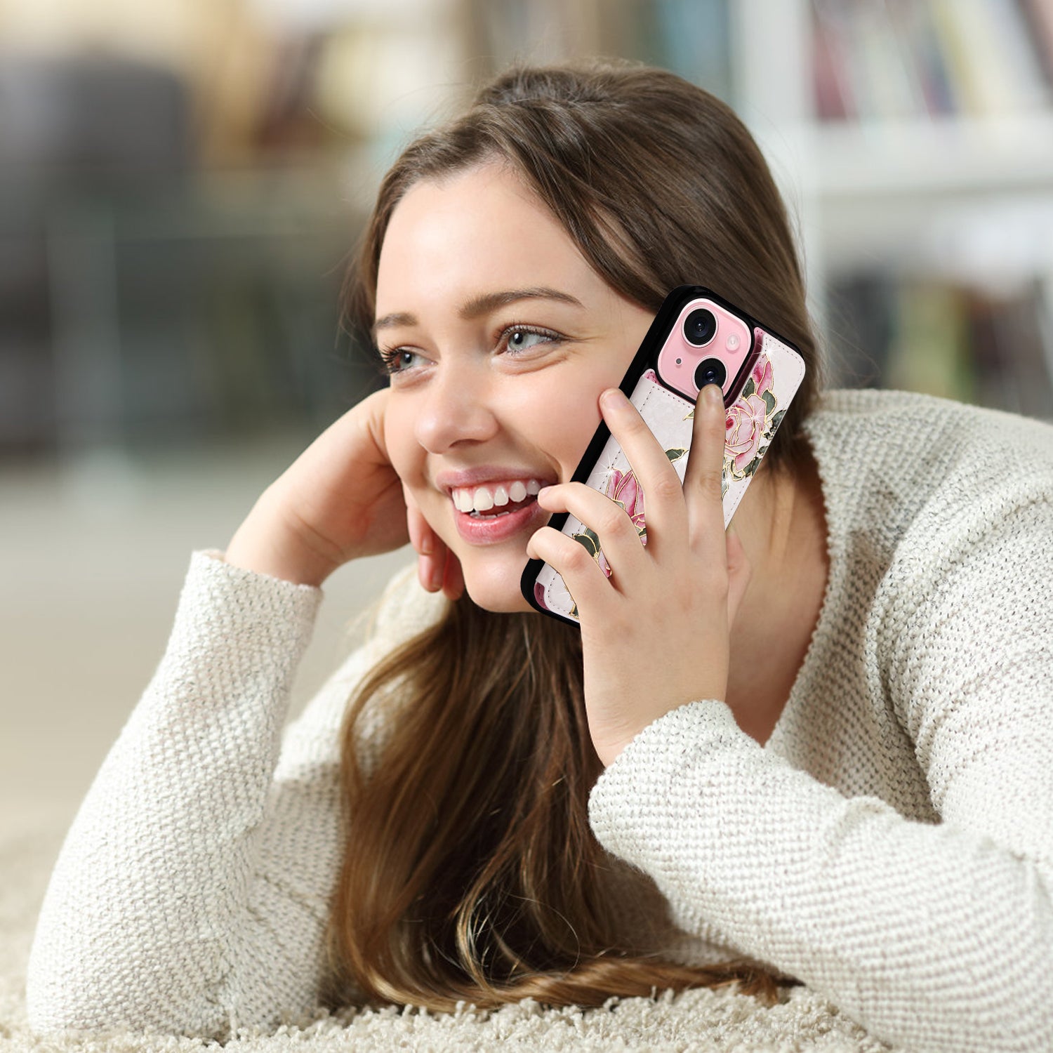 For iPhone 15 Card Slot Case Kickstand Anti-Drop Flower Printed Phone Cover