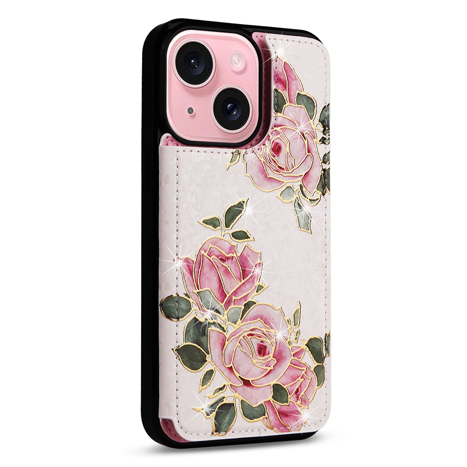 For iPhone 15 Card Slot Case Kickstand Anti-Drop Flower Printed Phone Cover