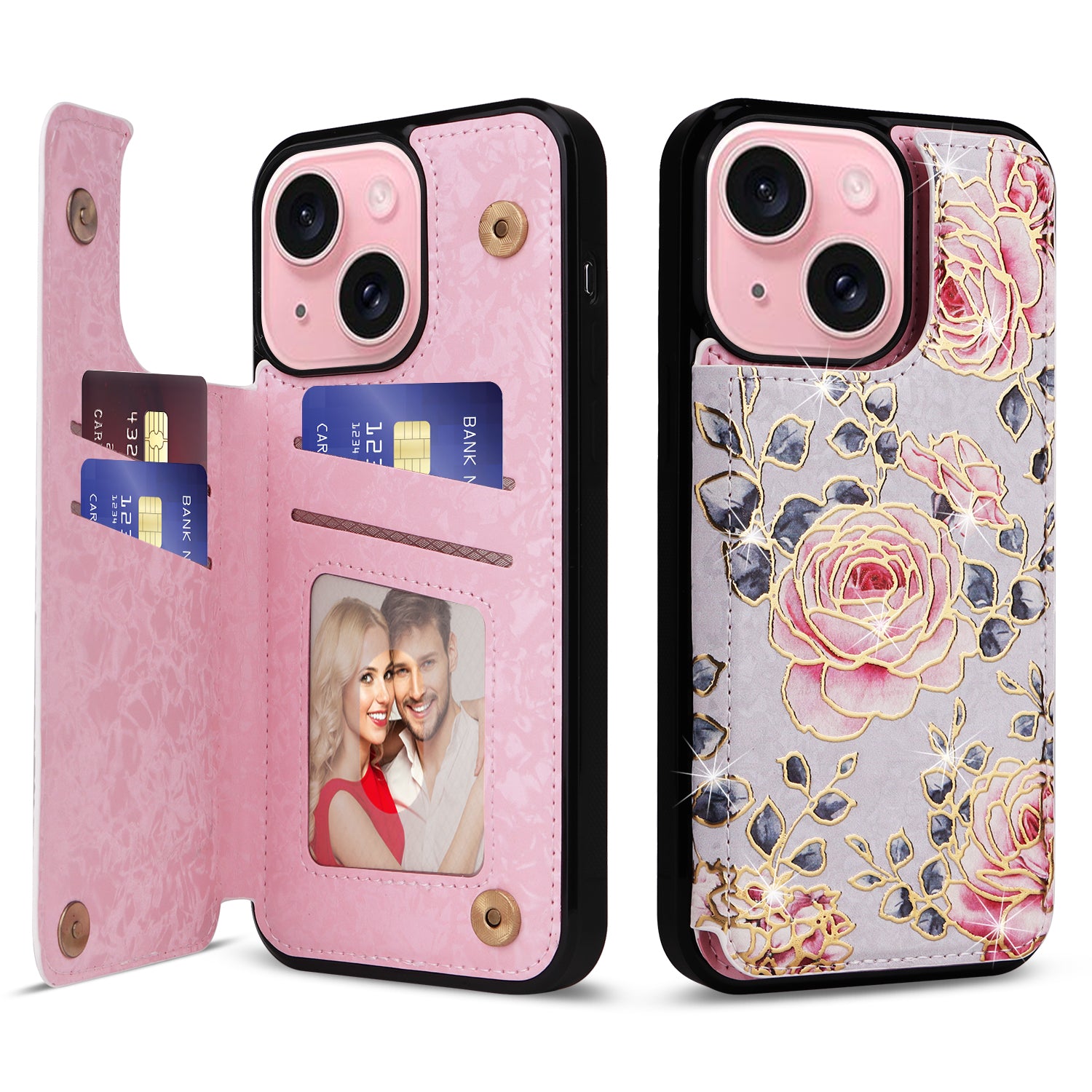 For iPhone 15 Card Slot Case Kickstand Anti-Drop Flower Printed Phone Cover