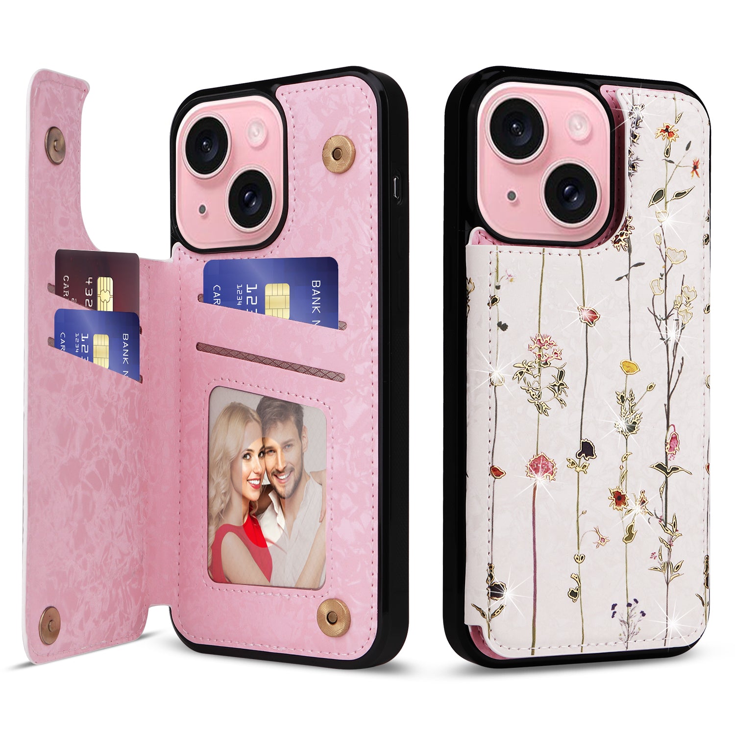 For iPhone 15 Card Slot Case Kickstand Anti-Drop Flower Printed Phone Cover