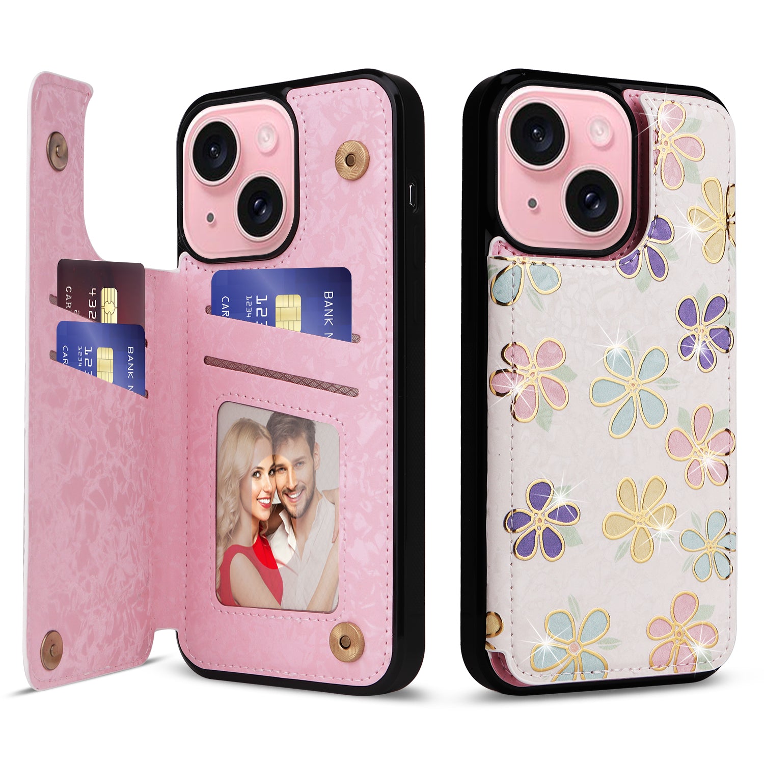 For iPhone 15 Card Slot Case Kickstand Anti-Drop Flower Printed Phone Cover