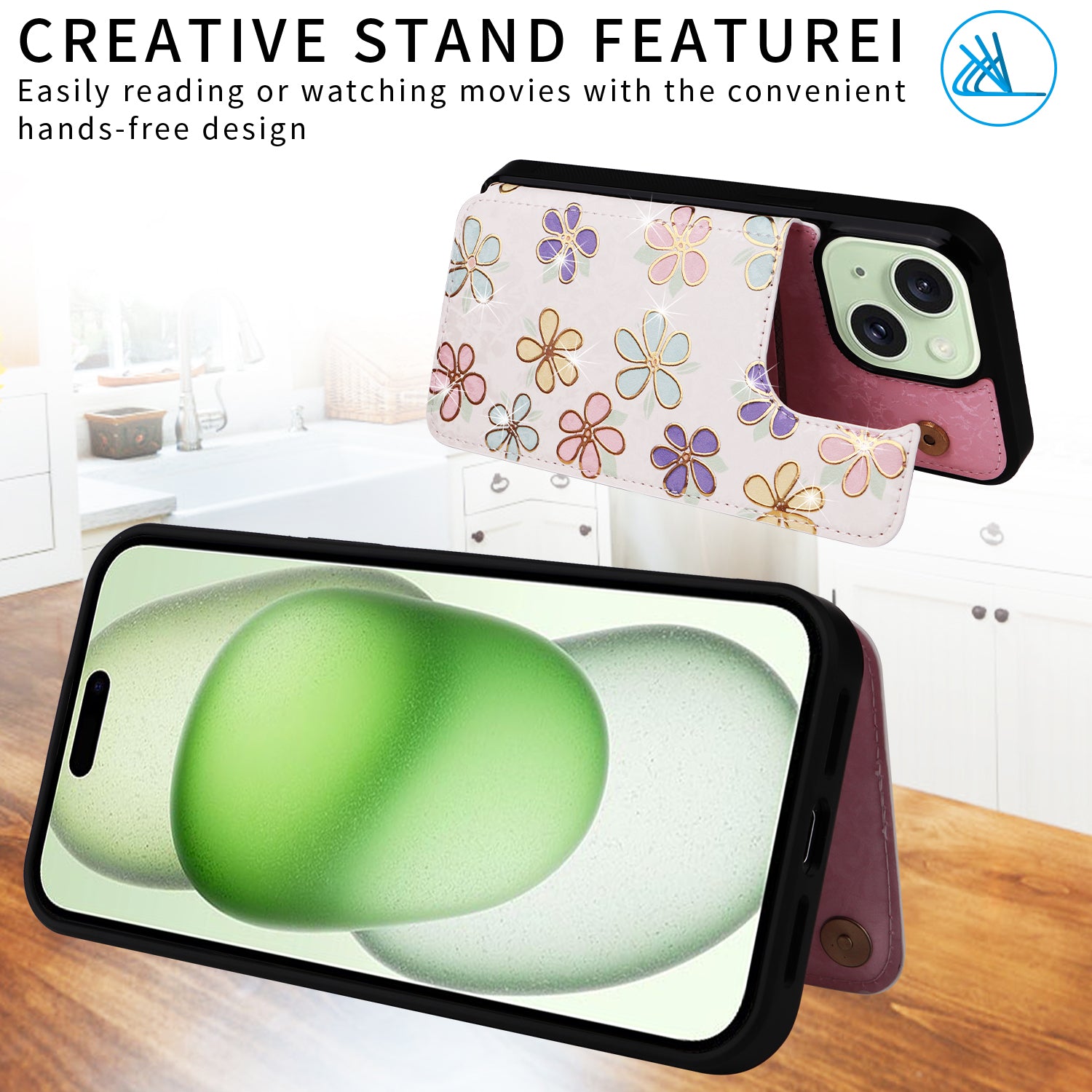 For iPhone 15 Plus Case Kickstand Flower Printed Shockproof Phone Case with Card Slot