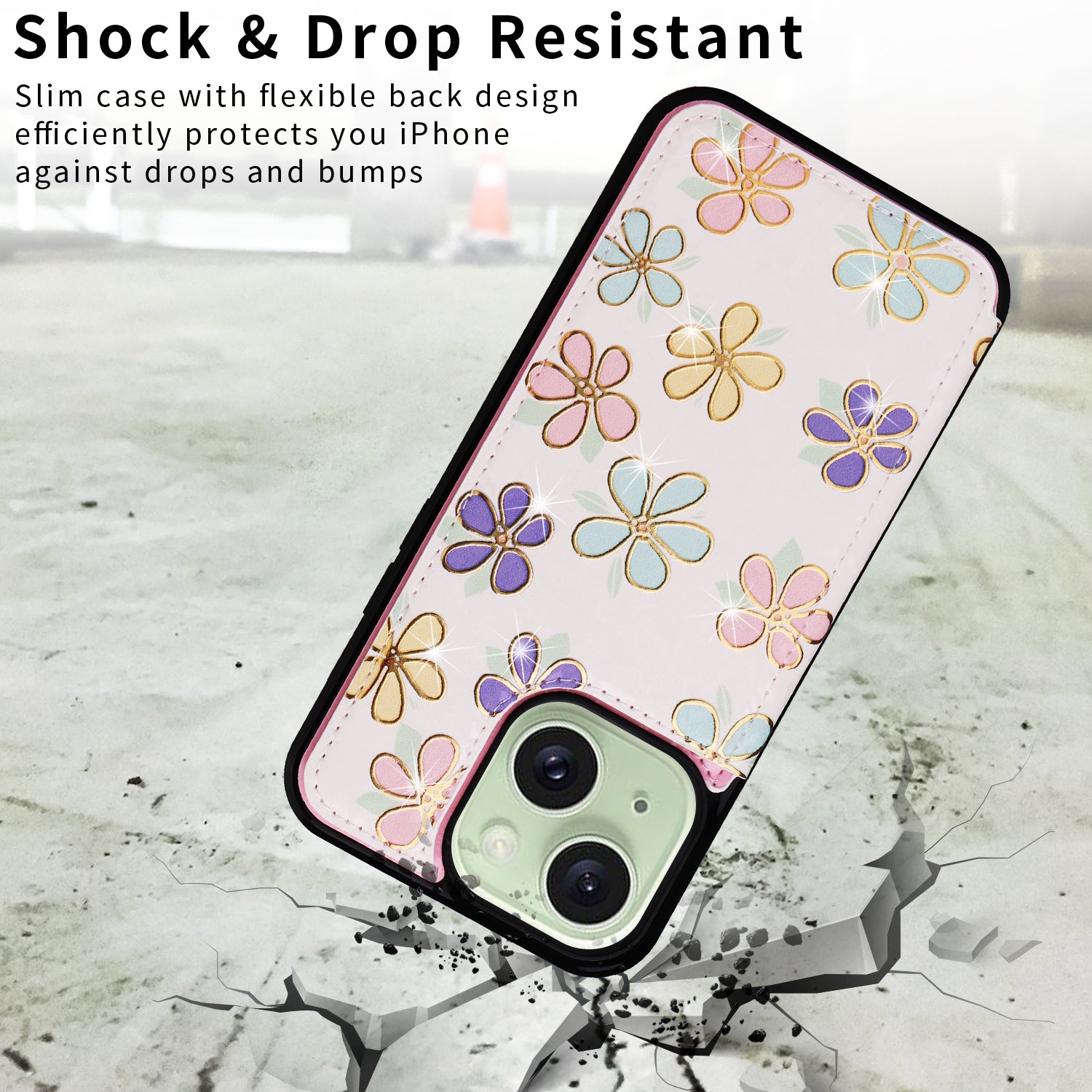 For iPhone 15 Plus Case Kickstand Flower Printed Shockproof Phone Case with Card Slot