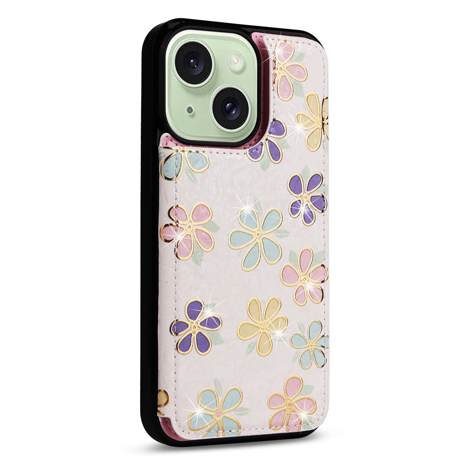 For iPhone 15 Plus Case Kickstand Flower Printed Shockproof Phone Case with Card Slot