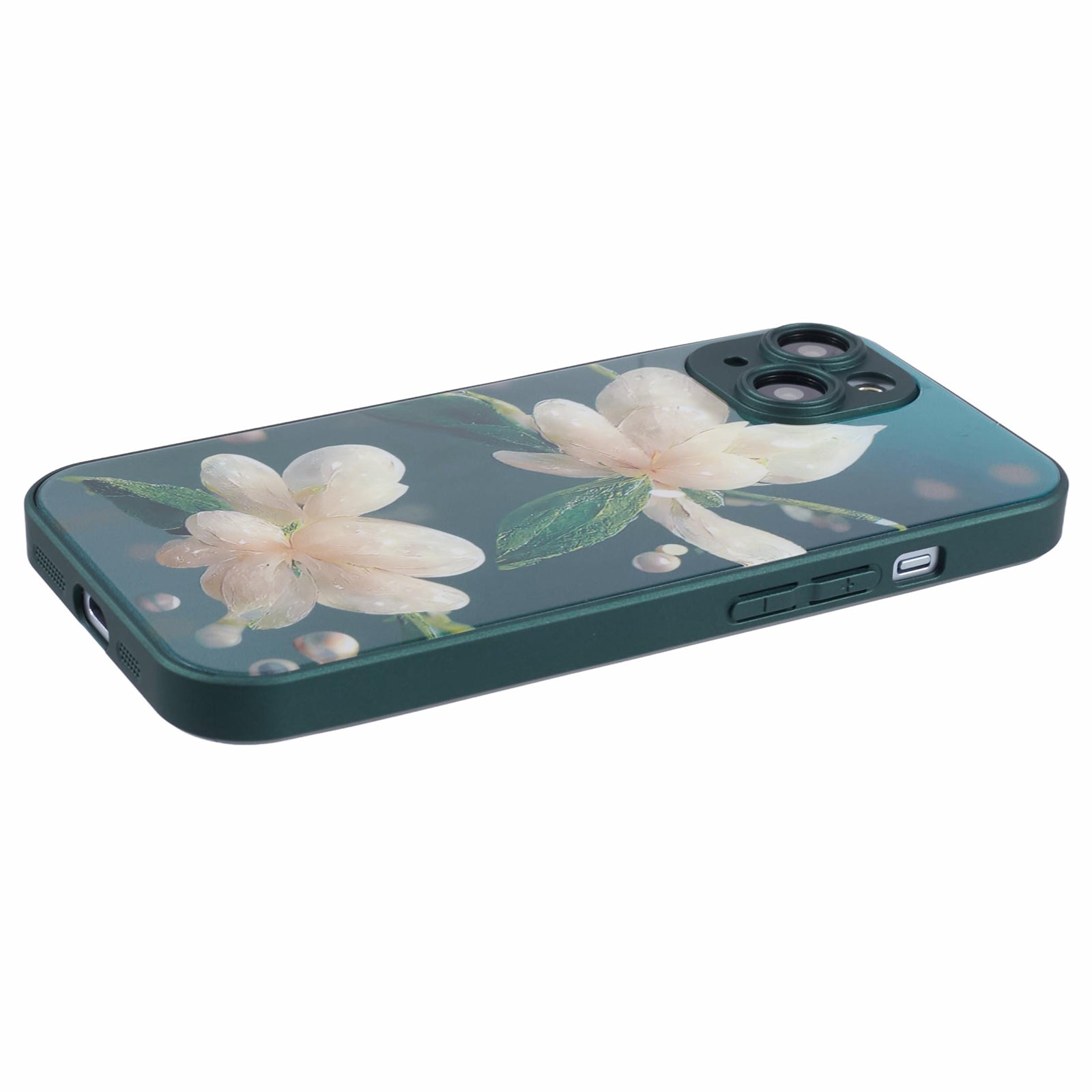 KYW Series for iPhone 14 Floral Pattern Case TPU Frame Tempered Glass+PC Back Protective Cover