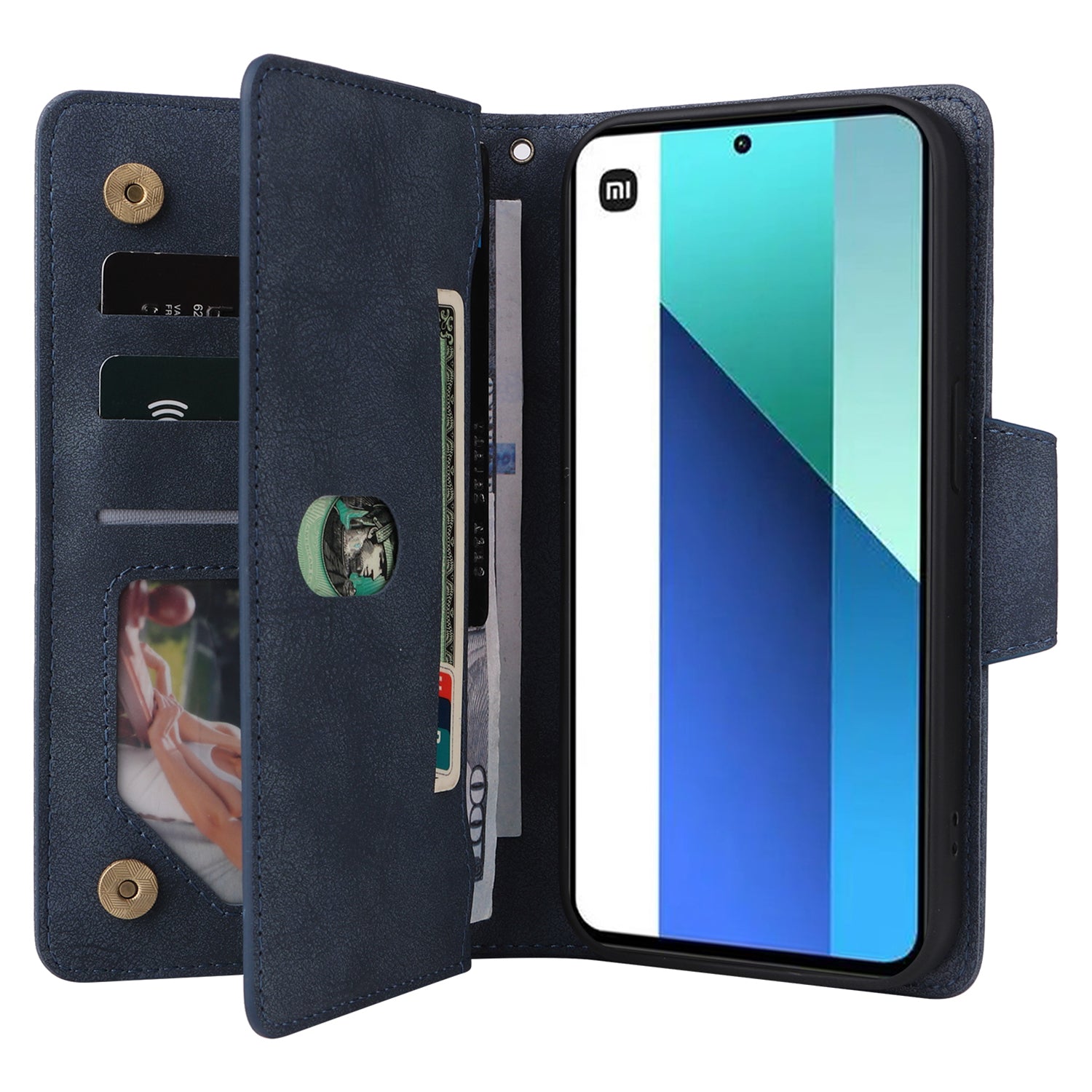 For Xiaomi Redmi Note 13 4G Phone Wallet Case Rivet Decor Leather Stand Cover