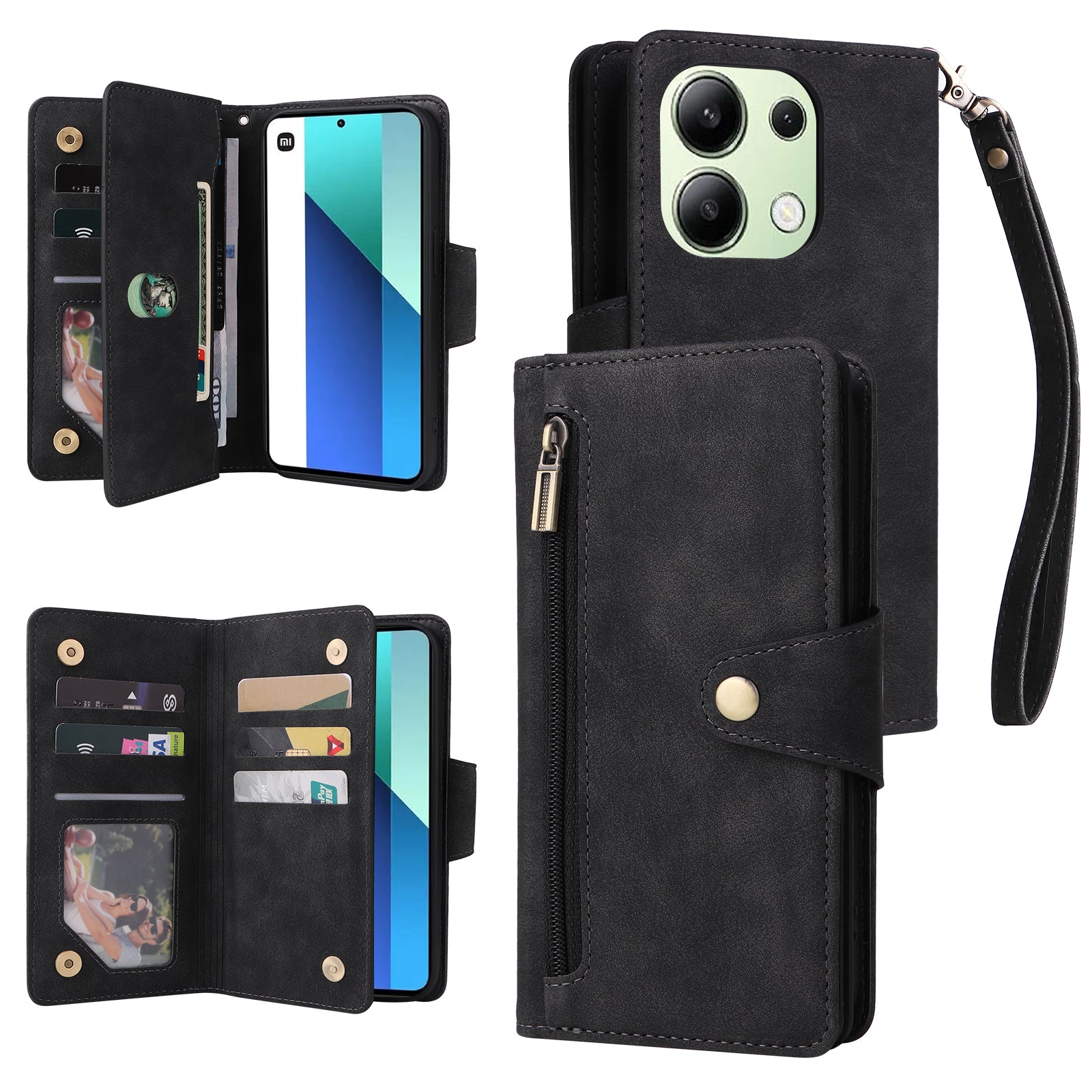 For Xiaomi Redmi Note 13 4G Phone Wallet Case Rivet Decor Leather Stand Cover