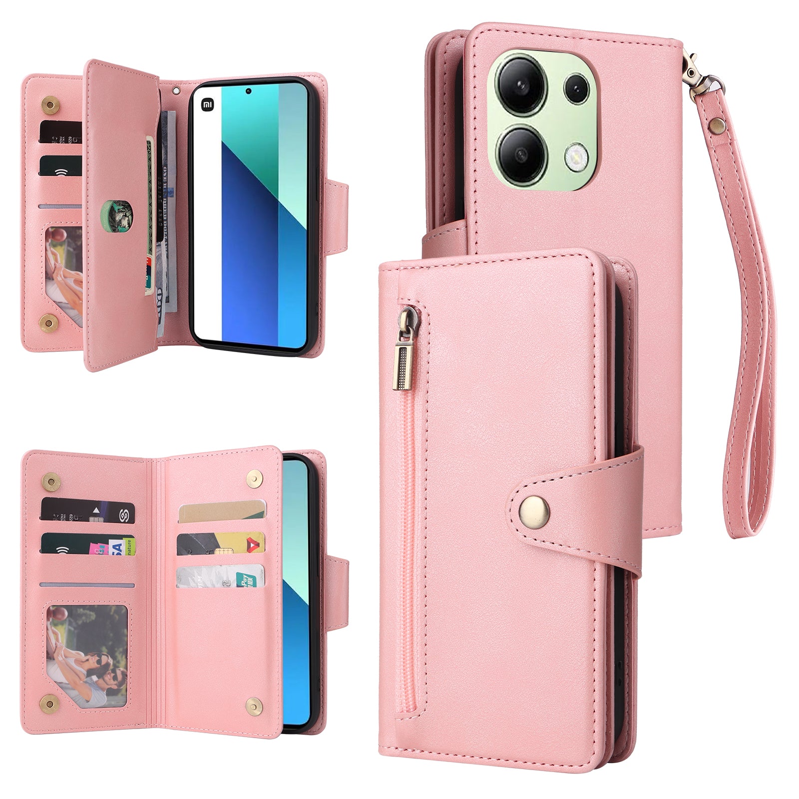 For Xiaomi Redmi Note 13 4G Phone Wallet Case Rivet Decor Leather Stand Cover