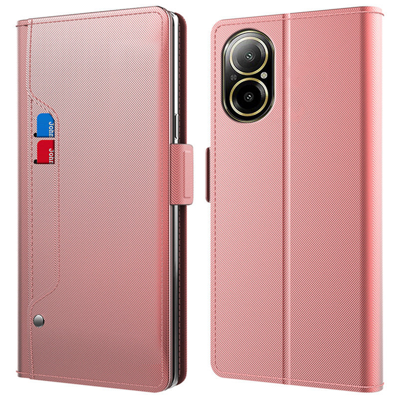 For Realme C67 4G Leather Case with Mirror PU+TPU Leather Stand Case Phone Cover with Card Holder