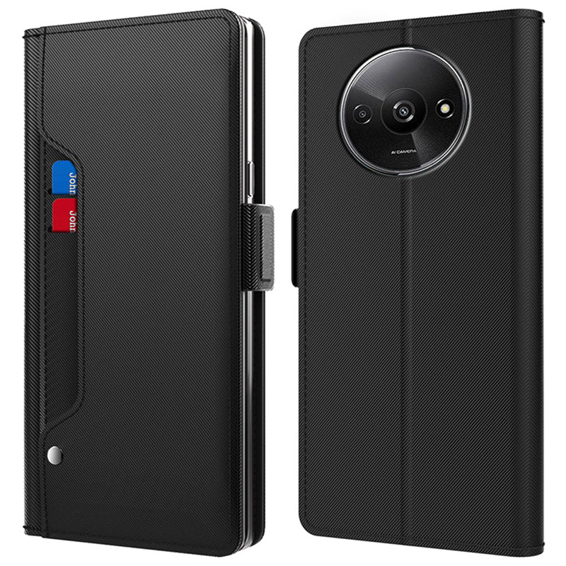 For Xiaomi Redmi A3 / Poco C61 4G Leather Case PU+TPU Phone Flip Cover Mirror Design Card Holder Phone Shell with Stand
