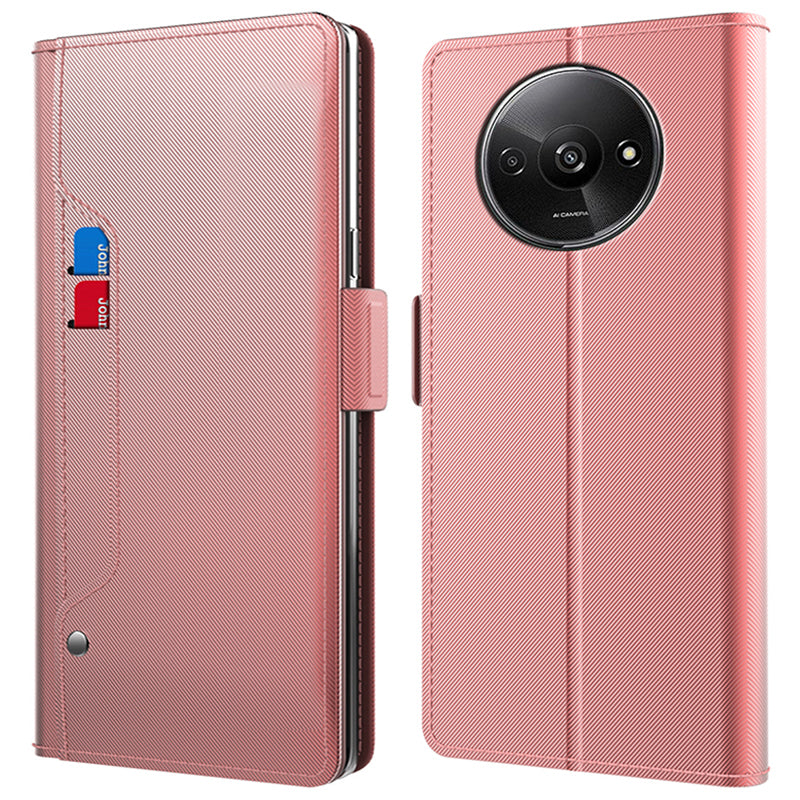 For Xiaomi Redmi A3 / Poco C61 4G Leather Case PU+TPU Phone Flip Cover Mirror Design Card Holder Phone Shell with Stand