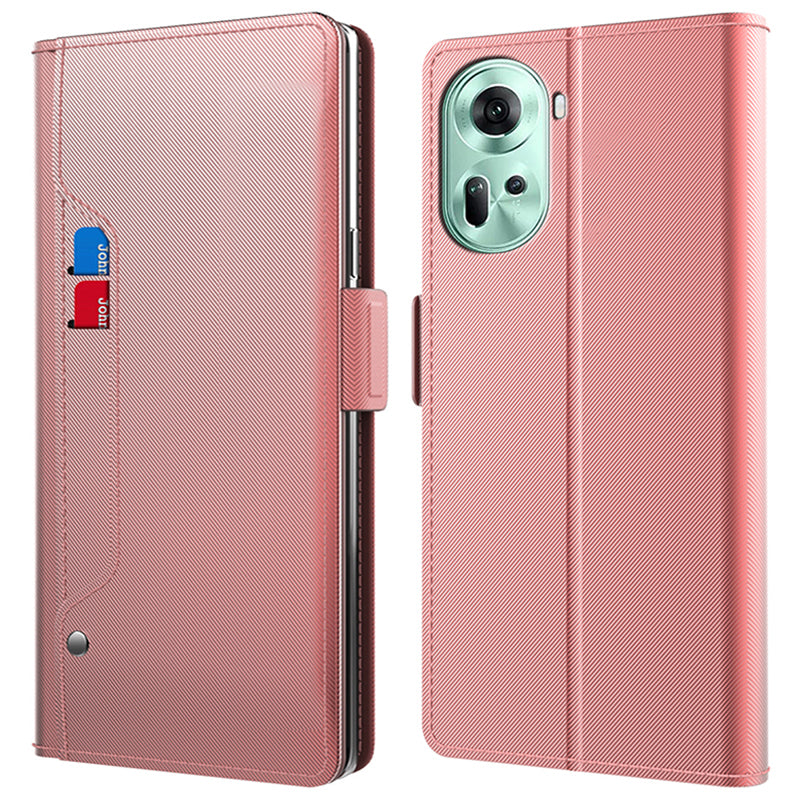 For Oppo Reno11 5G (Global) Leather Phone Stand PU+TPU Phone Flip Cover with Mirror Cell Phone Cover Shell