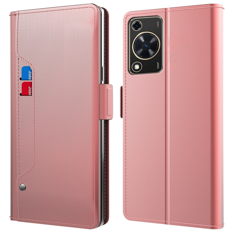 For Huawei nova Y72 4G / Enjoy 70 Leather Phone Cover Mirror Design Card Holder PU+TPU Phone Stand