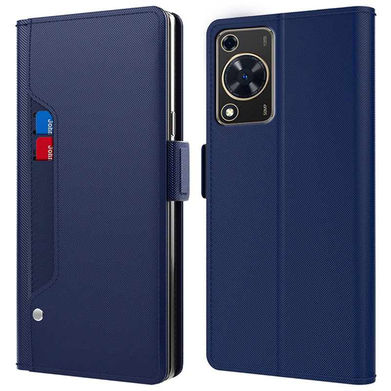For Huawei nova Y72 4G / Enjoy 70 Leather Phone Cover Mirror Design Card Holder PU+TPU Phone Stand