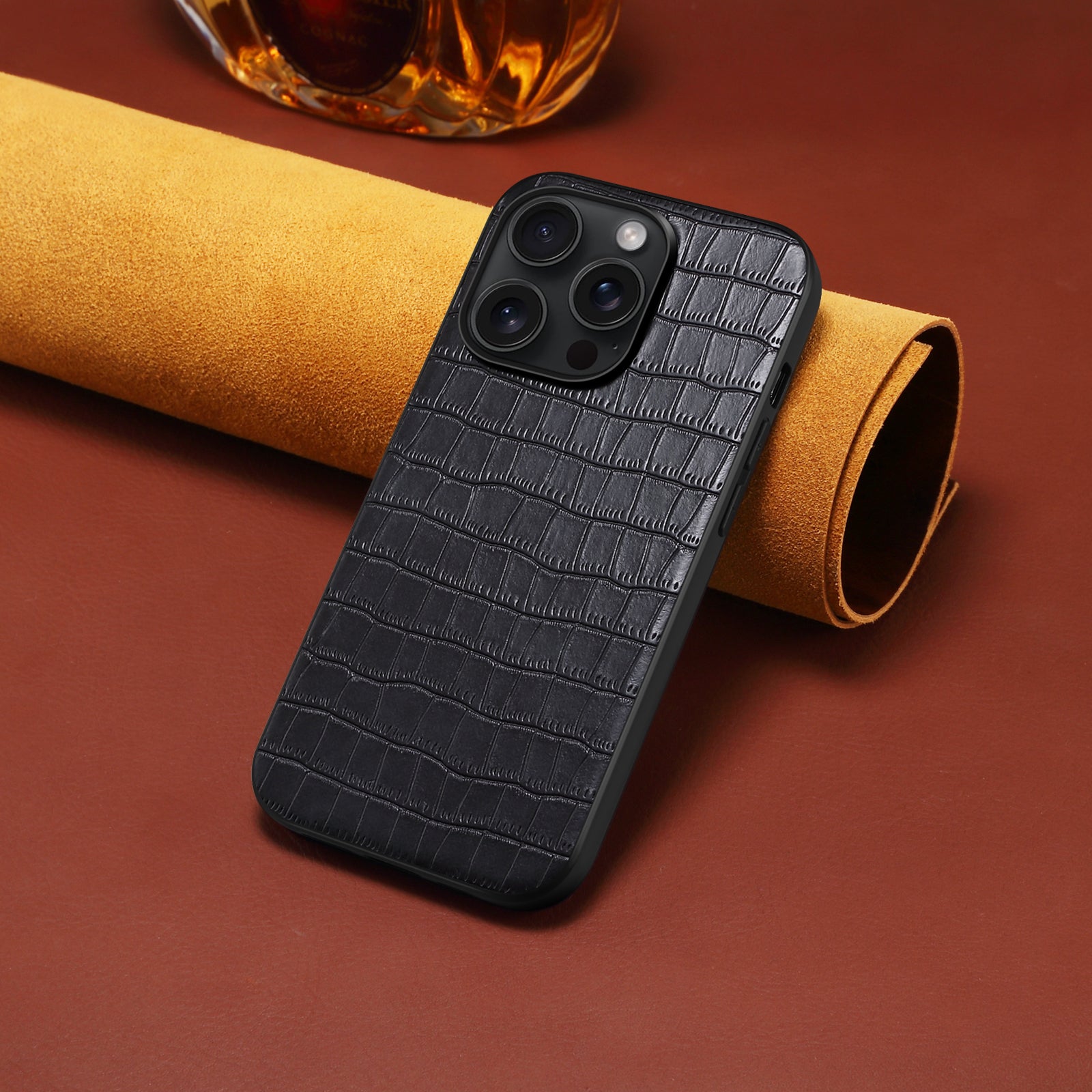 For iPhone 14 Pro Max Case Crocodile Textured Leather Covered Hybrid Slim Phone Case