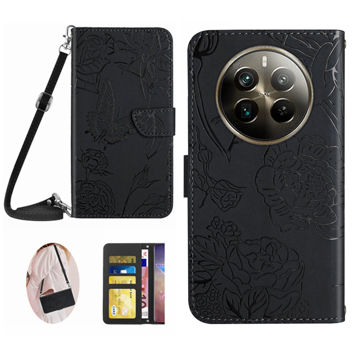 HT03 For Realme 12+ 5G Crossbody Case Leather Butterfly Flower Imprinted Phone Cover