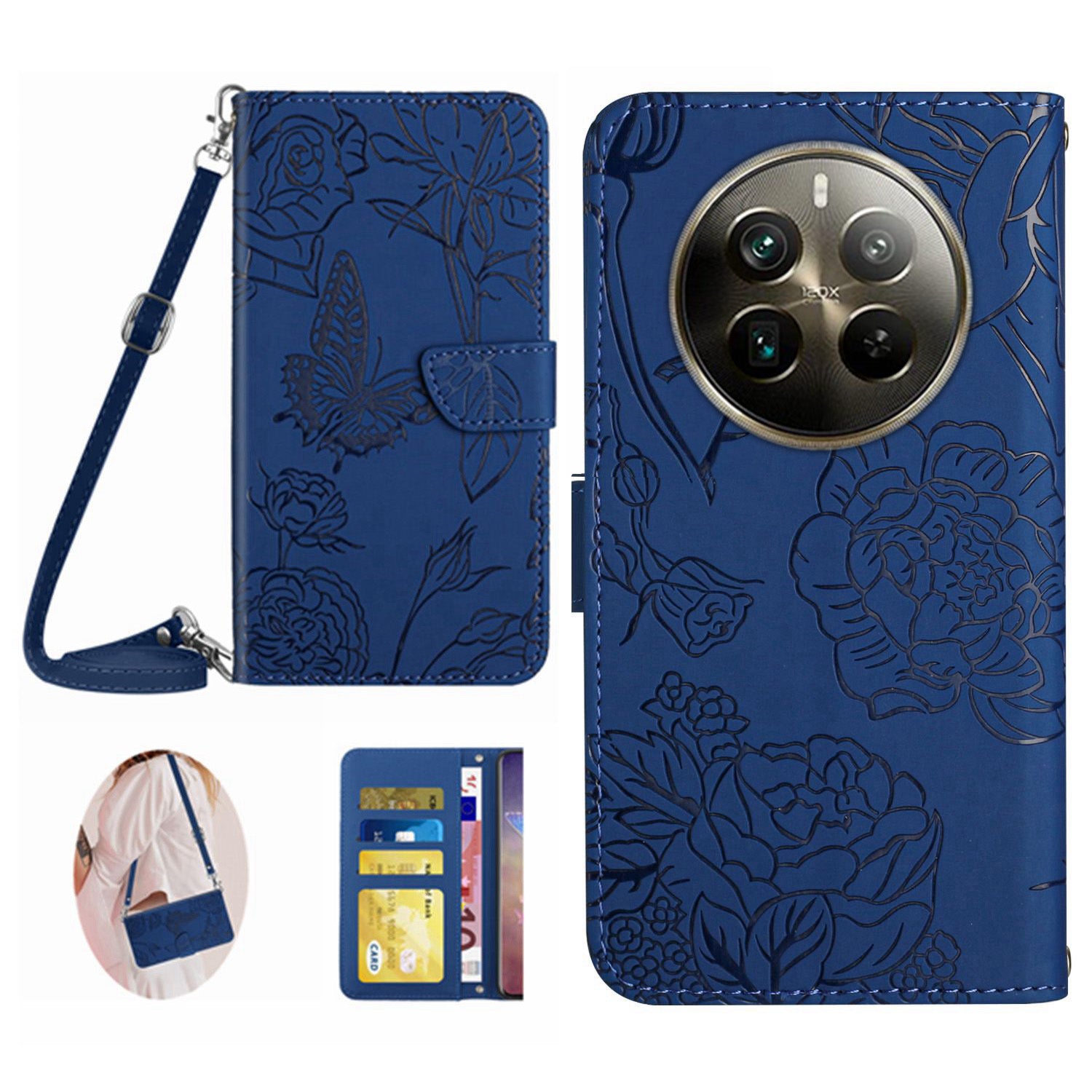 HT03 For Realme 12+ 5G Crossbody Case Leather Butterfly Flower Imprinted Phone Cover