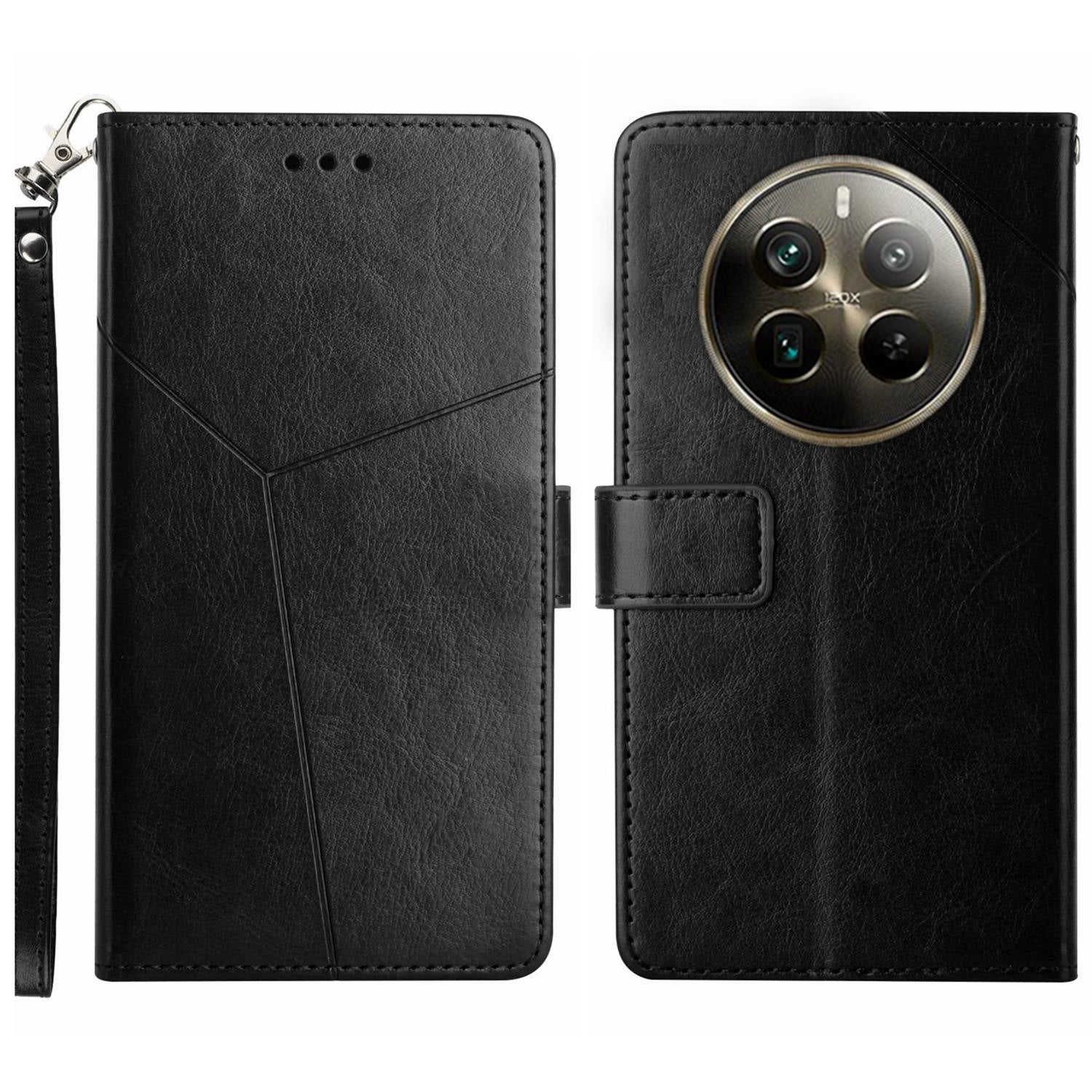 HT01 For Realme 12+ 5G Case Flip Wallet Leather Cover Y-shaped Lines Imprinted