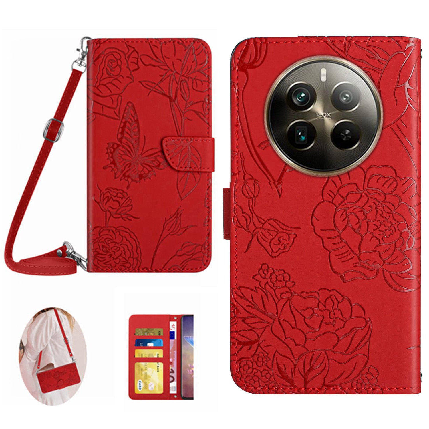 HT03 For Realme 12 Pro 5G / 12 Pro+ 5G Case Butterfly Flower Leather Phone Cover with Shoulder Strap