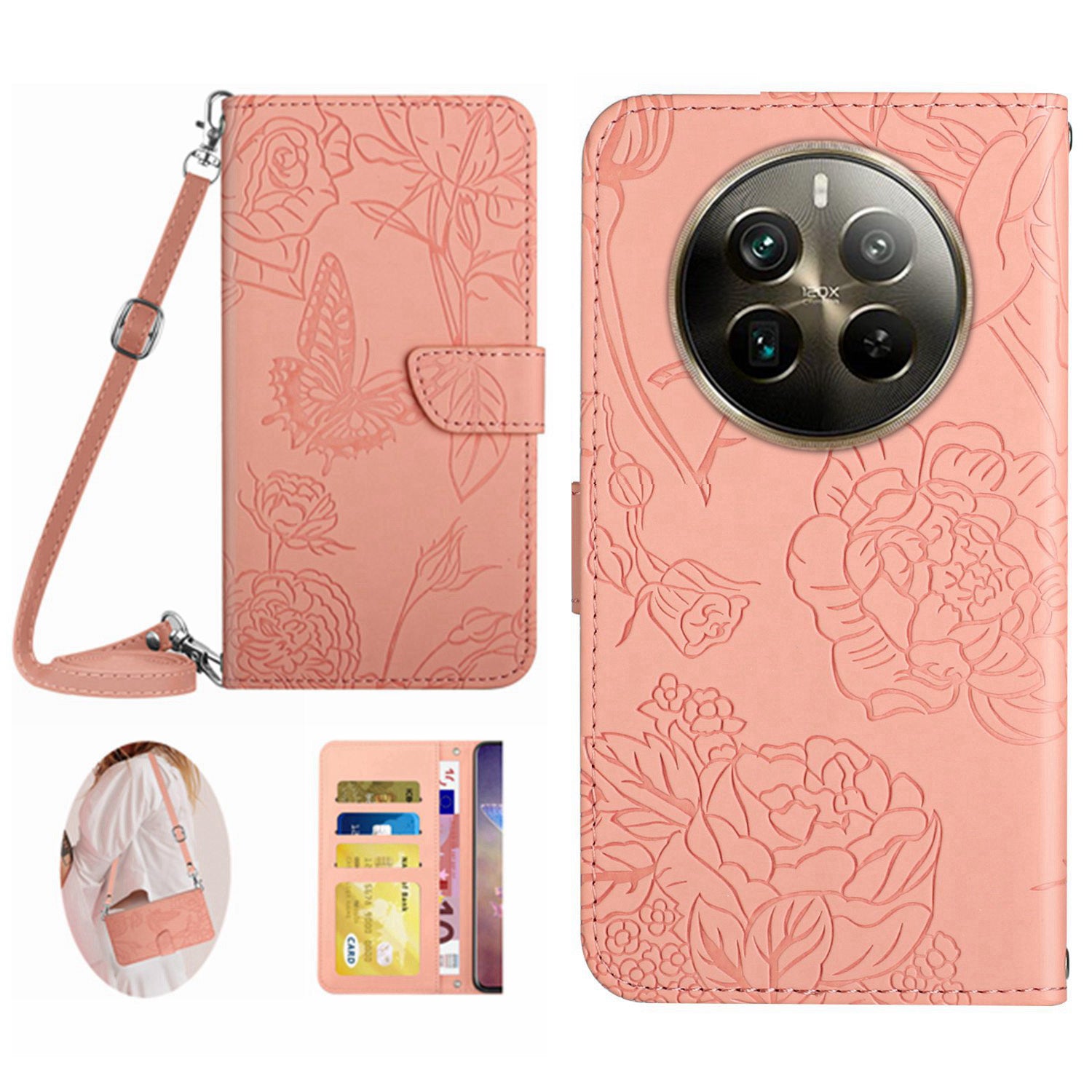 HT03 For Realme 12 Pro 5G / 12 Pro+ 5G Case Butterfly Flower Leather Phone Cover with Shoulder Strap