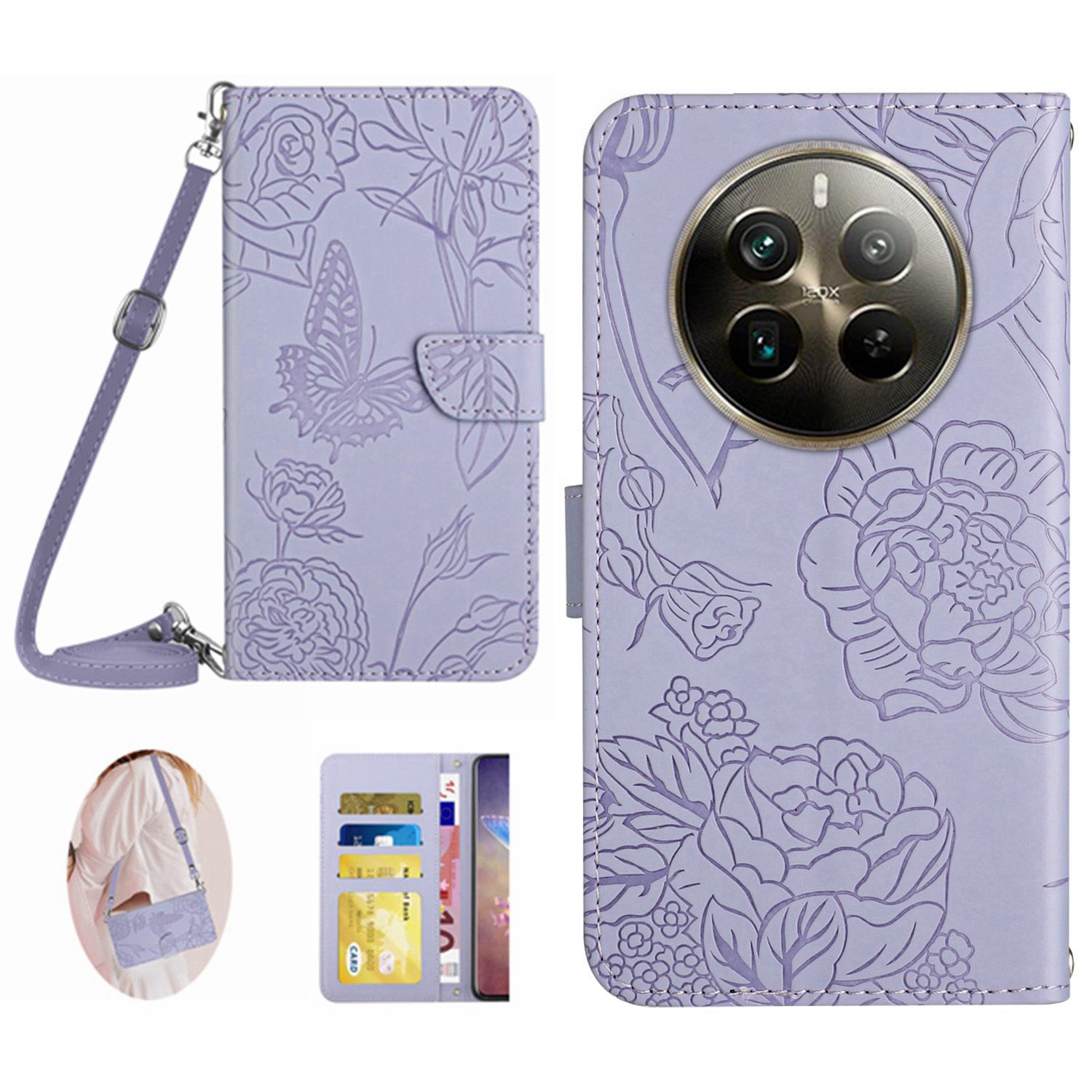 HT03 For Realme 12 Pro 5G / 12 Pro+ 5G Case Butterfly Flower Leather Phone Cover with Shoulder Strap