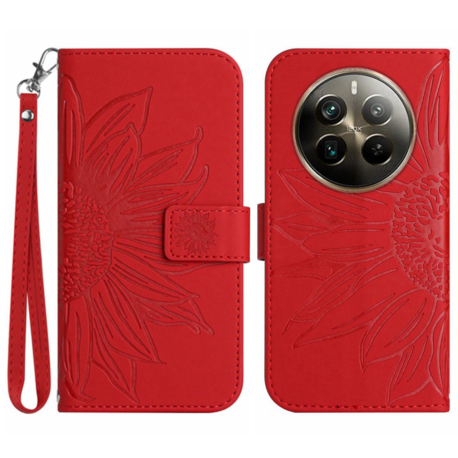 HT04 For Realme 12+ 5G Wallet Case Sunflower Leather Phone Cover with Hand Strap