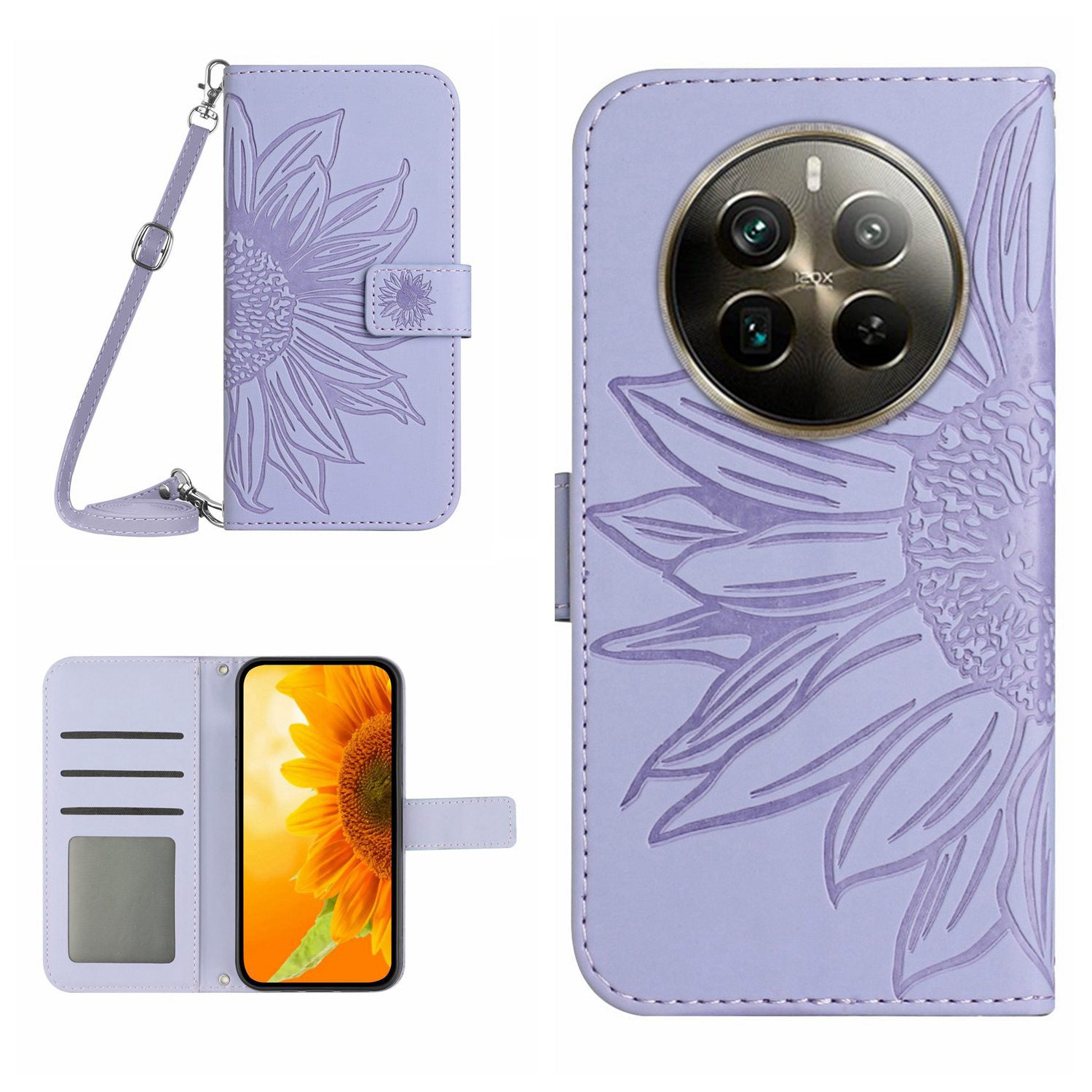 HT04 For Realme 12+ 5G Crossbody Case Sunflower PU Leather Flip Wallet Phone Cover