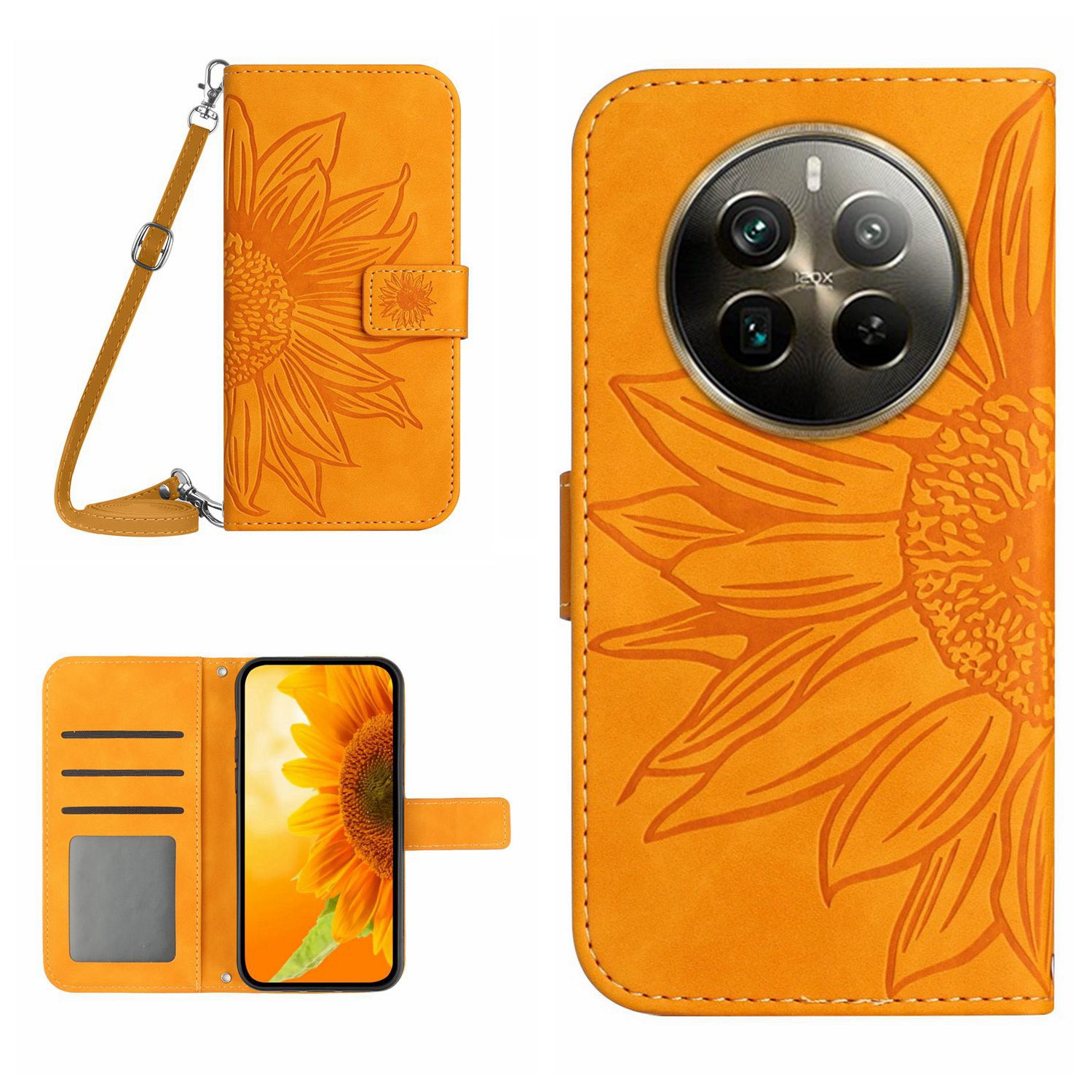 HT04 For Realme 12+ 5G Crossbody Case Sunflower PU Leather Flip Wallet Phone Cover