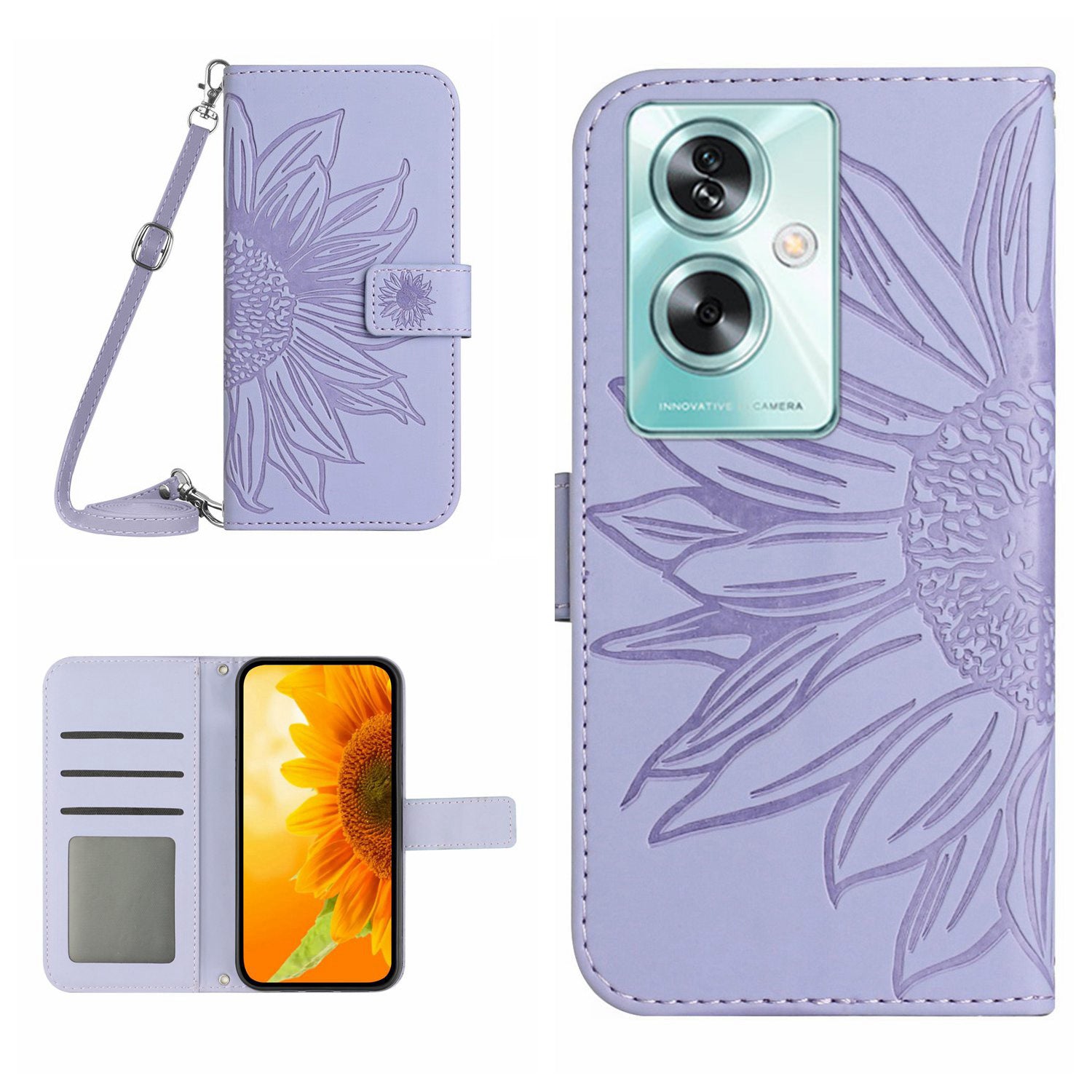 HT04 For Oppo Reno11 F 5G / F25 Pro 5G Case with Shoulder Strap Sunflower PU Leather Flip Phone Cover
