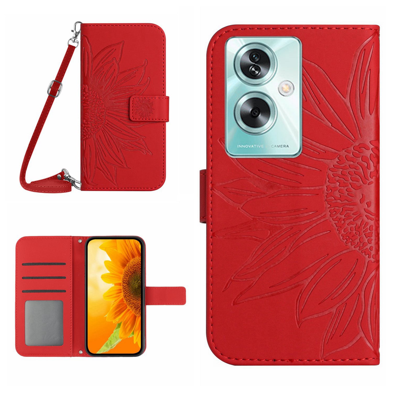 HT04 For Oppo Reno11 F 5G / F25 Pro 5G Case with Shoulder Strap Sunflower PU Leather Flip Phone Cover