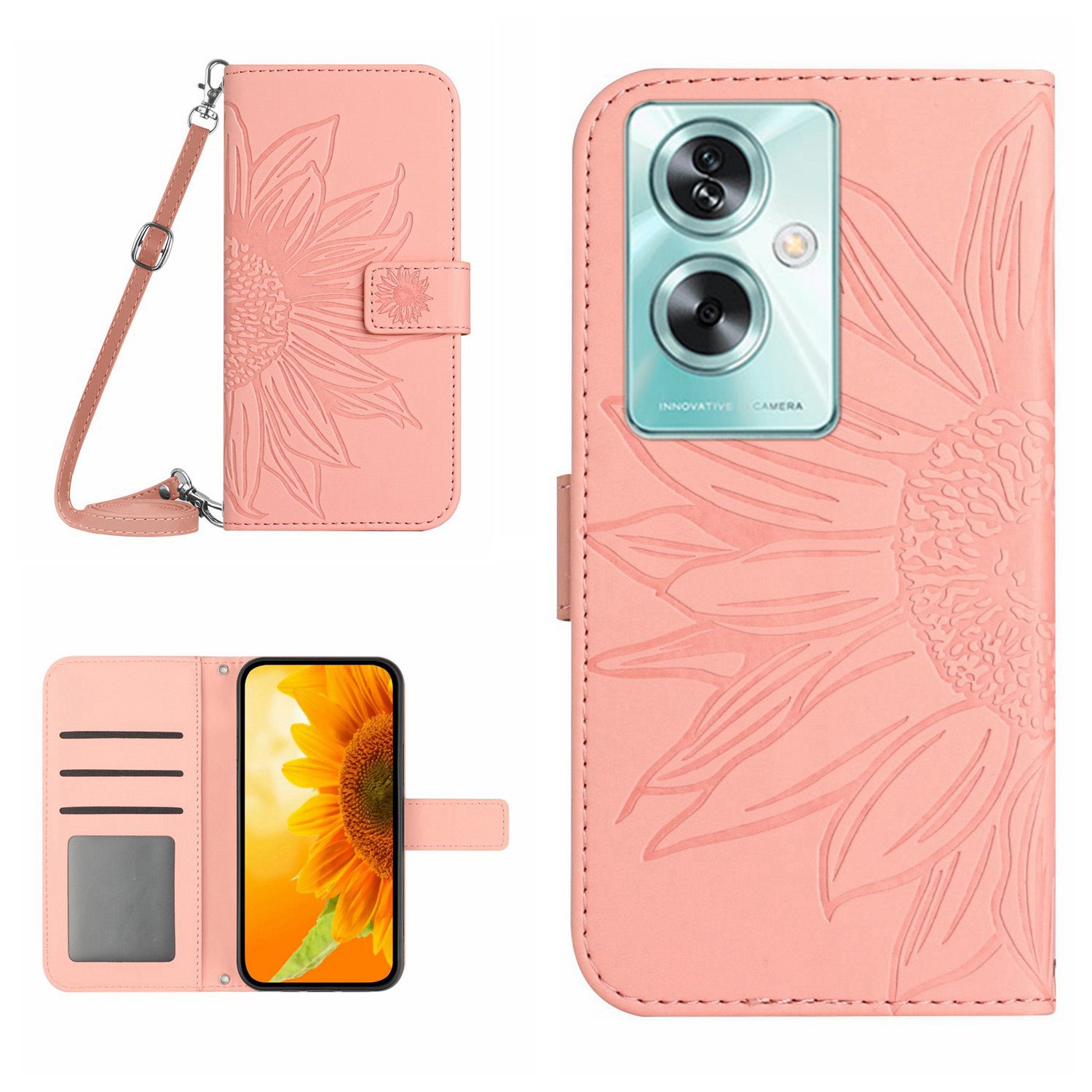 HT04 For Oppo Reno11 F 5G / F25 Pro 5G Case with Shoulder Strap Sunflower PU Leather Flip Phone Cover