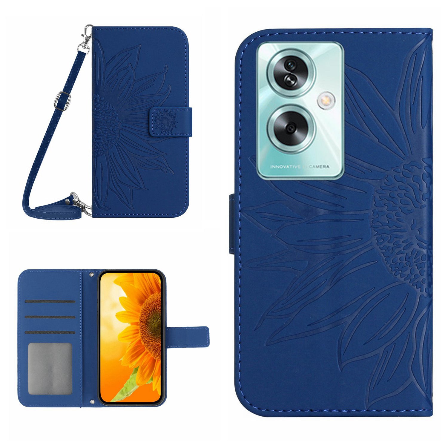 HT04 For Oppo Reno11 F 5G / F25 Pro 5G Case with Shoulder Strap Sunflower PU Leather Flip Phone Cover