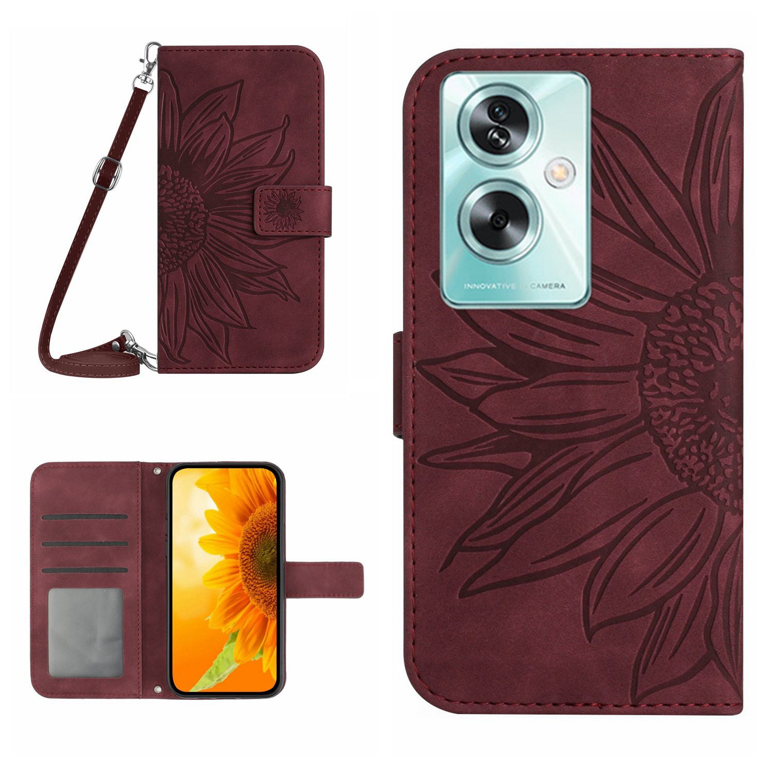 HT04 For Oppo Reno11 F 5G / F25 Pro 5G Case with Shoulder Strap Sunflower PU Leather Flip Phone Cover