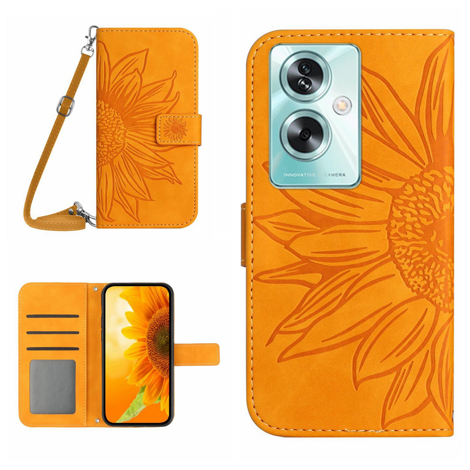 HT04 For Oppo Reno11 F 5G / F25 Pro 5G Case with Shoulder Strap Sunflower PU Leather Flip Phone Cover