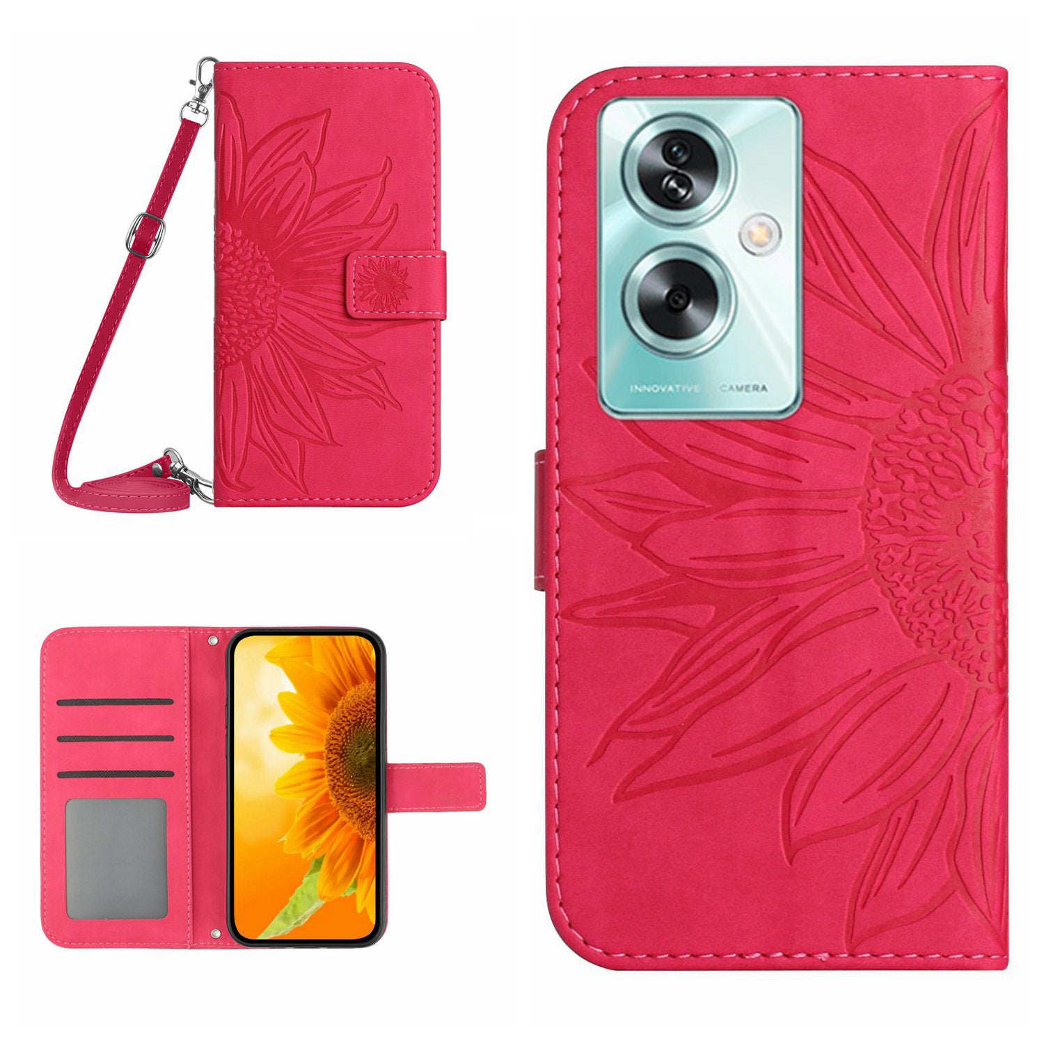 HT04 For Oppo Reno11 F 5G / F25 Pro 5G Case with Shoulder Strap Sunflower PU Leather Flip Phone Cover