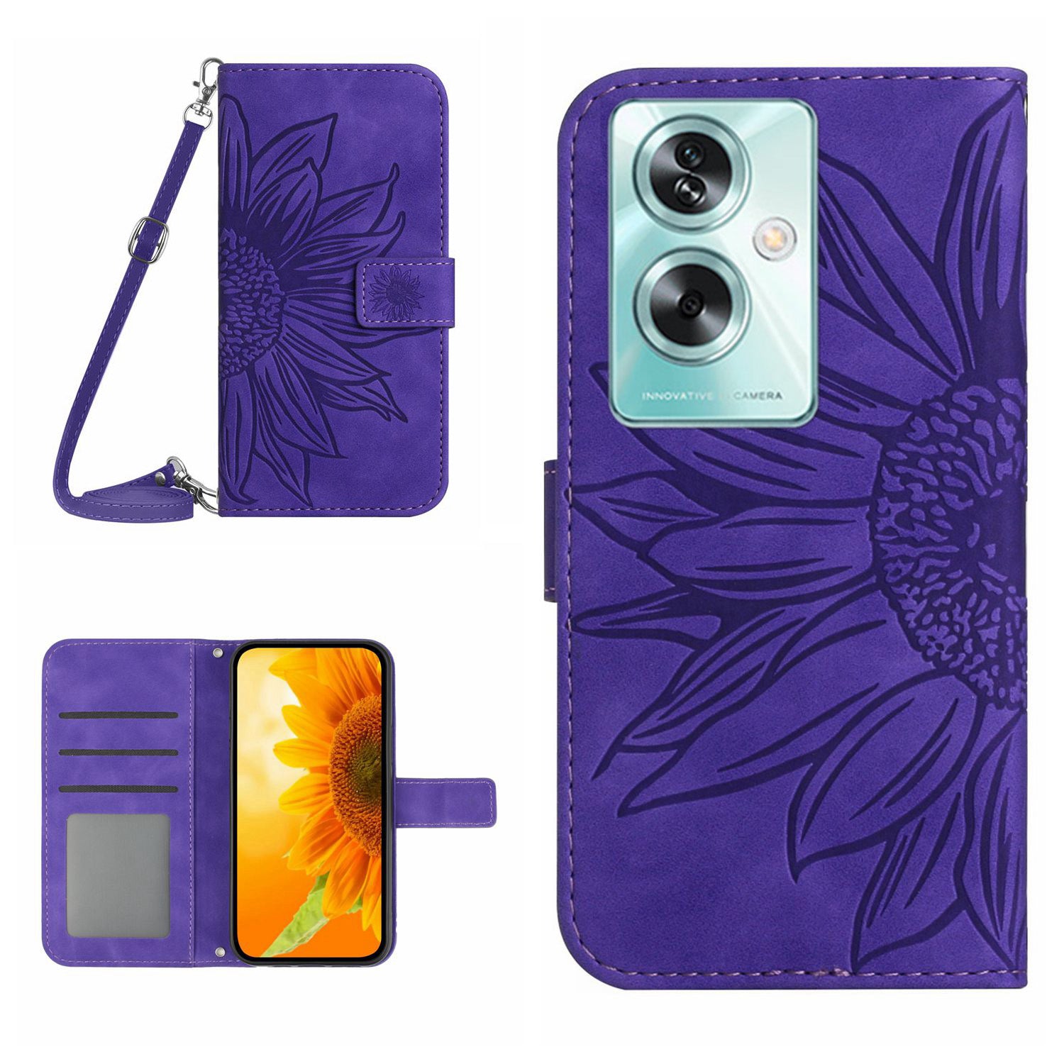 HT04 For Oppo Reno11 F 5G / F25 Pro 5G Case with Shoulder Strap Sunflower PU Leather Flip Phone Cover