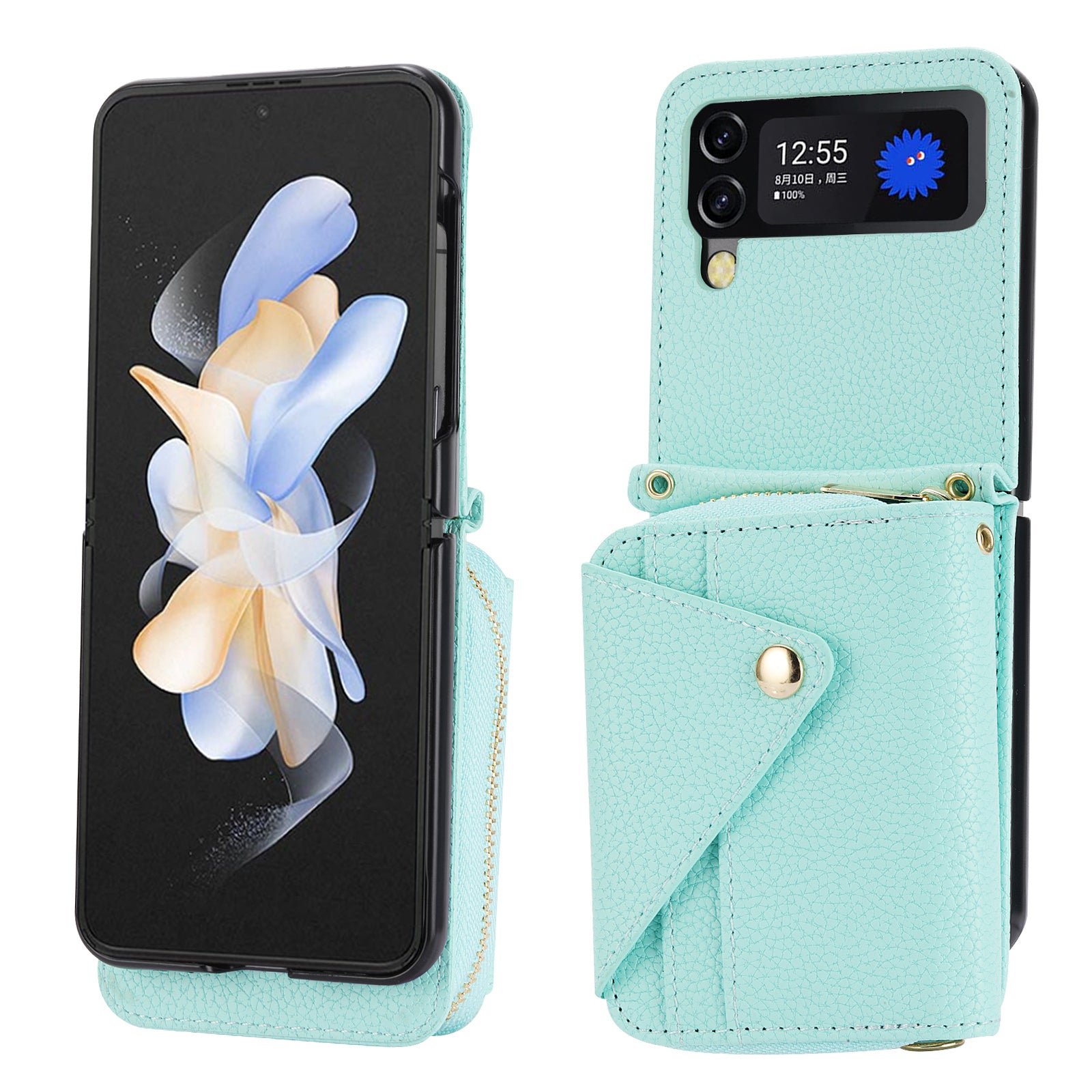 For Samsung Galaxy Z Flip4 5G Case PU Leather Zipper Purse Crossbody Phone Cover