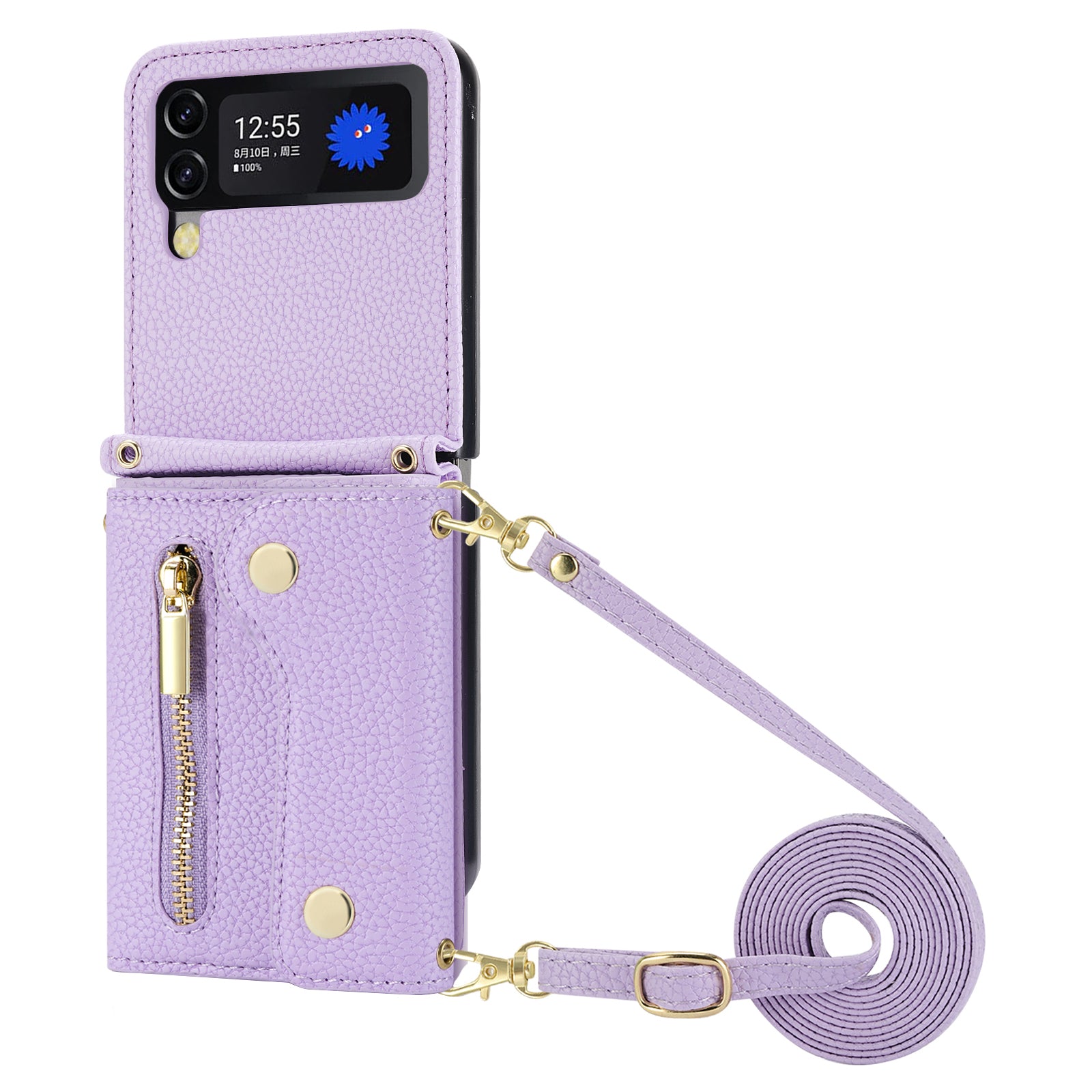 For Samsung Galaxy Z Flip4 5G Back Case PU Leather Zipper Wallet Phone Cover with Shoulder Strap