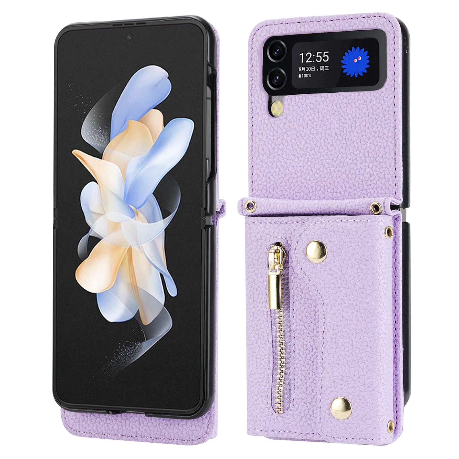 For Samsung Galaxy Z Flip4 5G Back Case PU Leather Zipper Wallet Phone Cover with Shoulder Strap